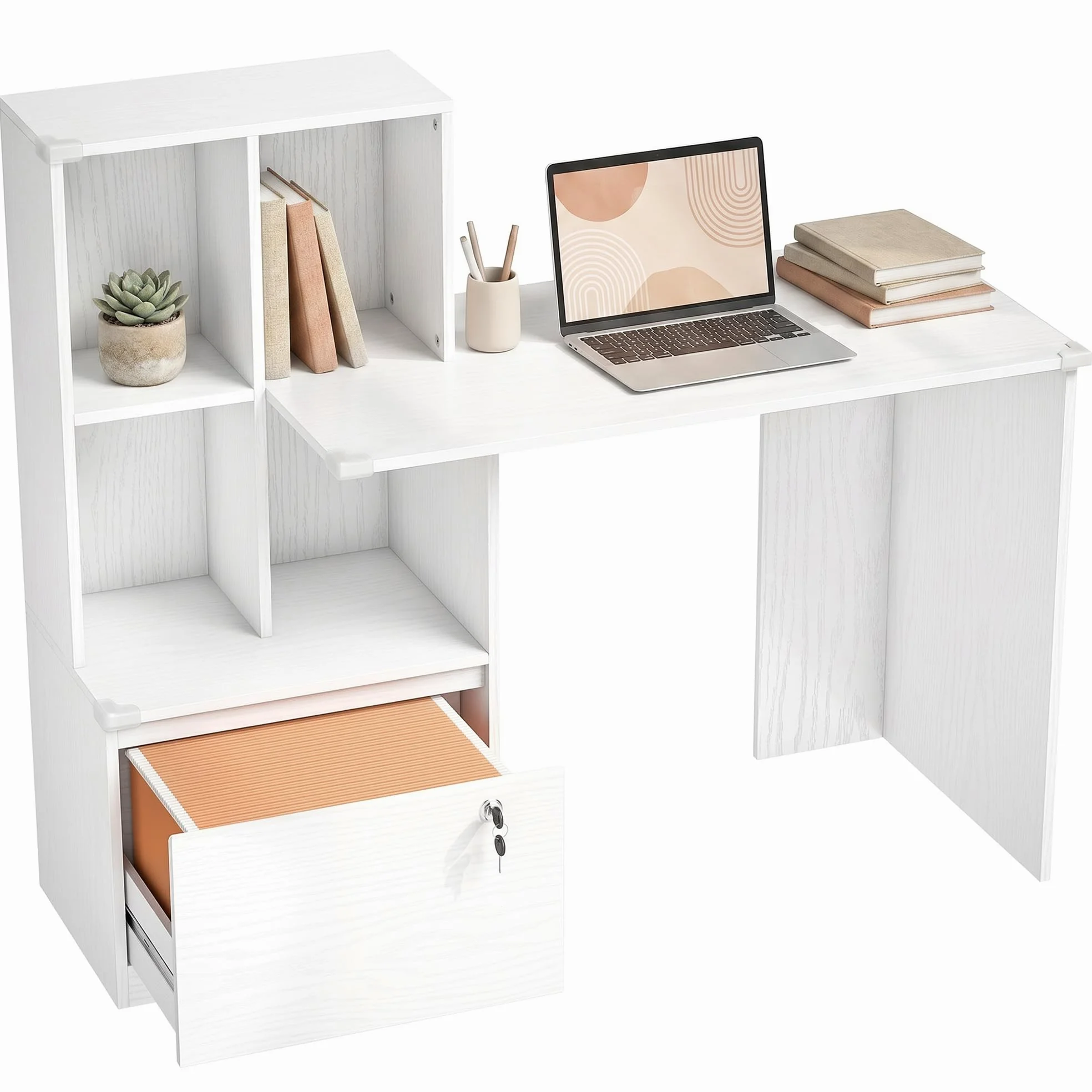 HOMCOM Scrivania 126 cm con cassetti bloccabili, grana del legno bianca | Scrivania per home office, libreria, scrivania, per camera da letto, studio