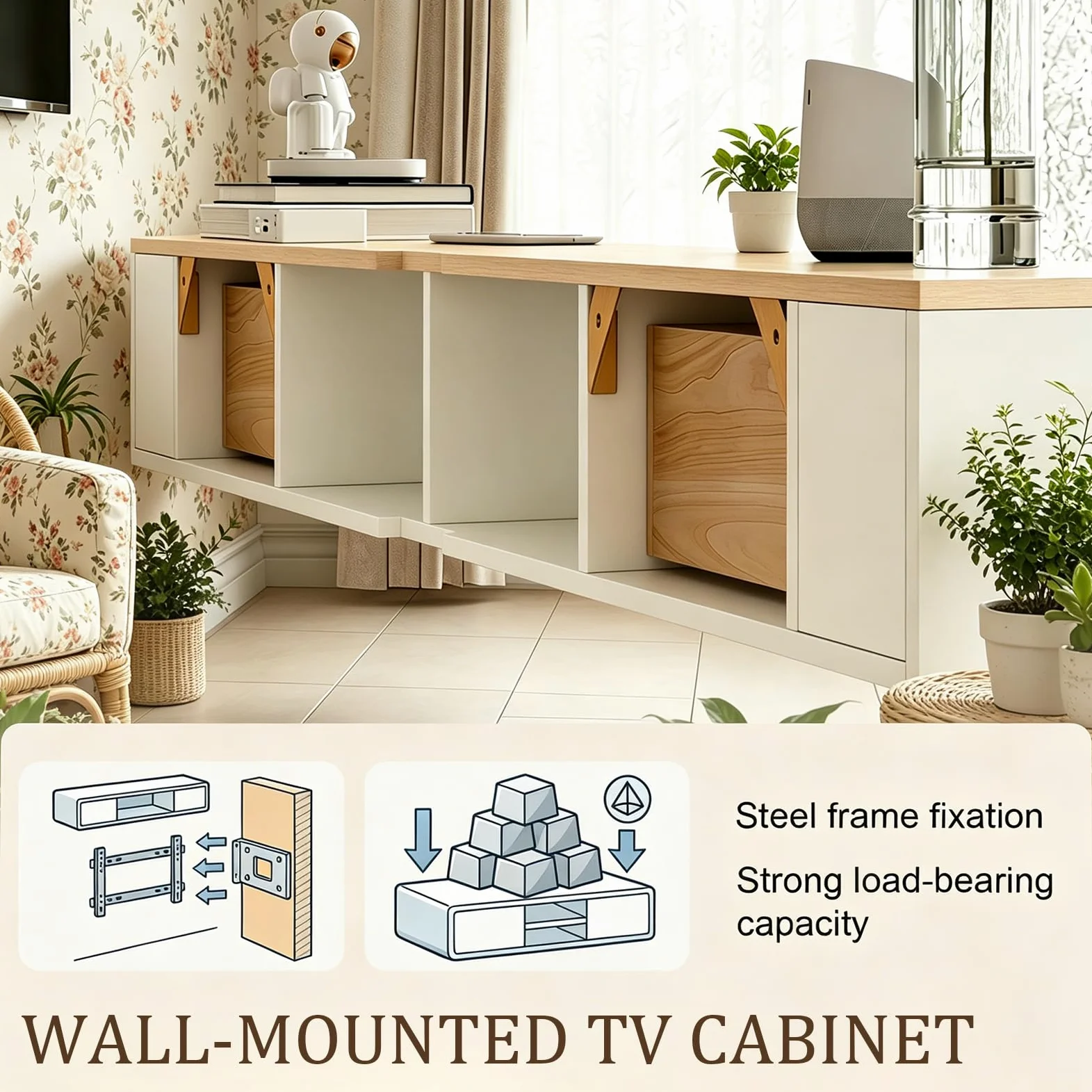 Mobile TV moderno 280 cm Beige e Bianco, Mobile TV basso con 2 cassetti e 2 ante a ribalta, Piano TV sospeso, Gestione dei cavi di alta qualità, Tavolo TV per soggiorno e sala da pranzo
