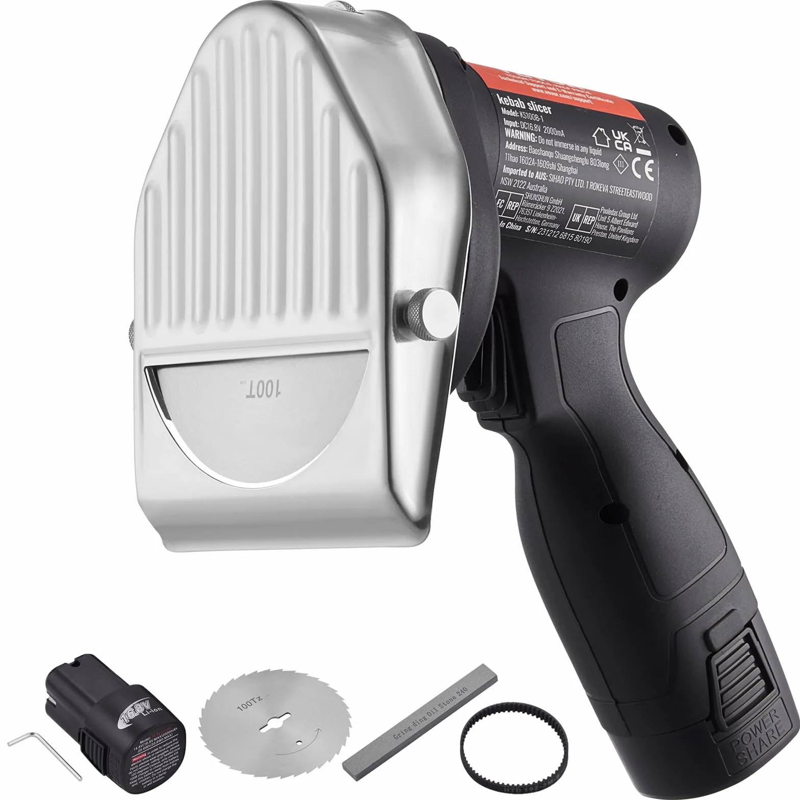 VEVOR Affettatrice Kebab 80 W Affettatrice Kebab, Coltello elettrico a batteria Coltello Gyros, Coltello Shawarma Kebab turco 0-8 mm, Affettatrice Kebab commerciale con lame da 100 mm Nero