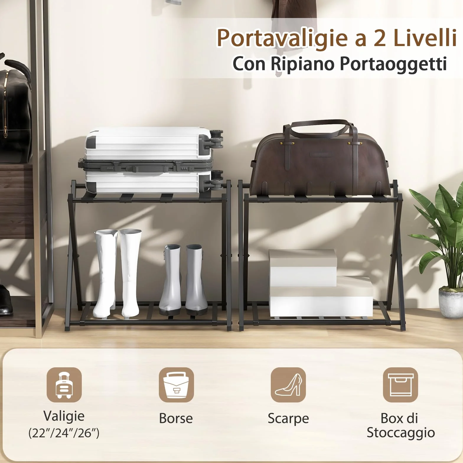 SOARS Portavaligie Pieghevole in Metallo 2 Pezzi 68x45x57 cm Cavalletto Reggivaligie Multiuso con 2 Ripiani Portata 80 kg Nero