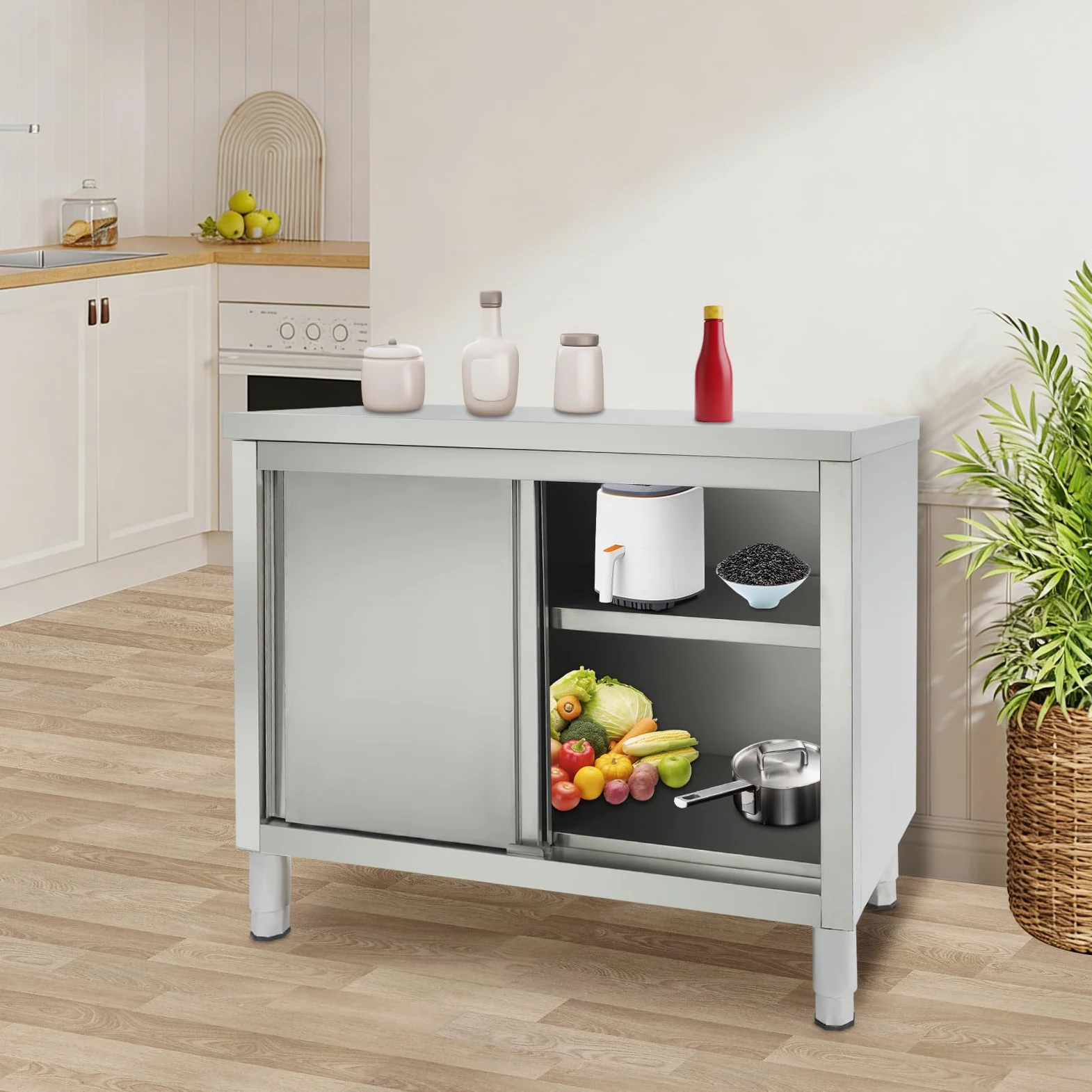 Armadio da lavoro con ante scorrevoli, piano da lavoro in acciaio inox, armadio con piano da lavoro per cucina, armadio autoportante in acciaio inox, tavolo in acciaio inox per cucina