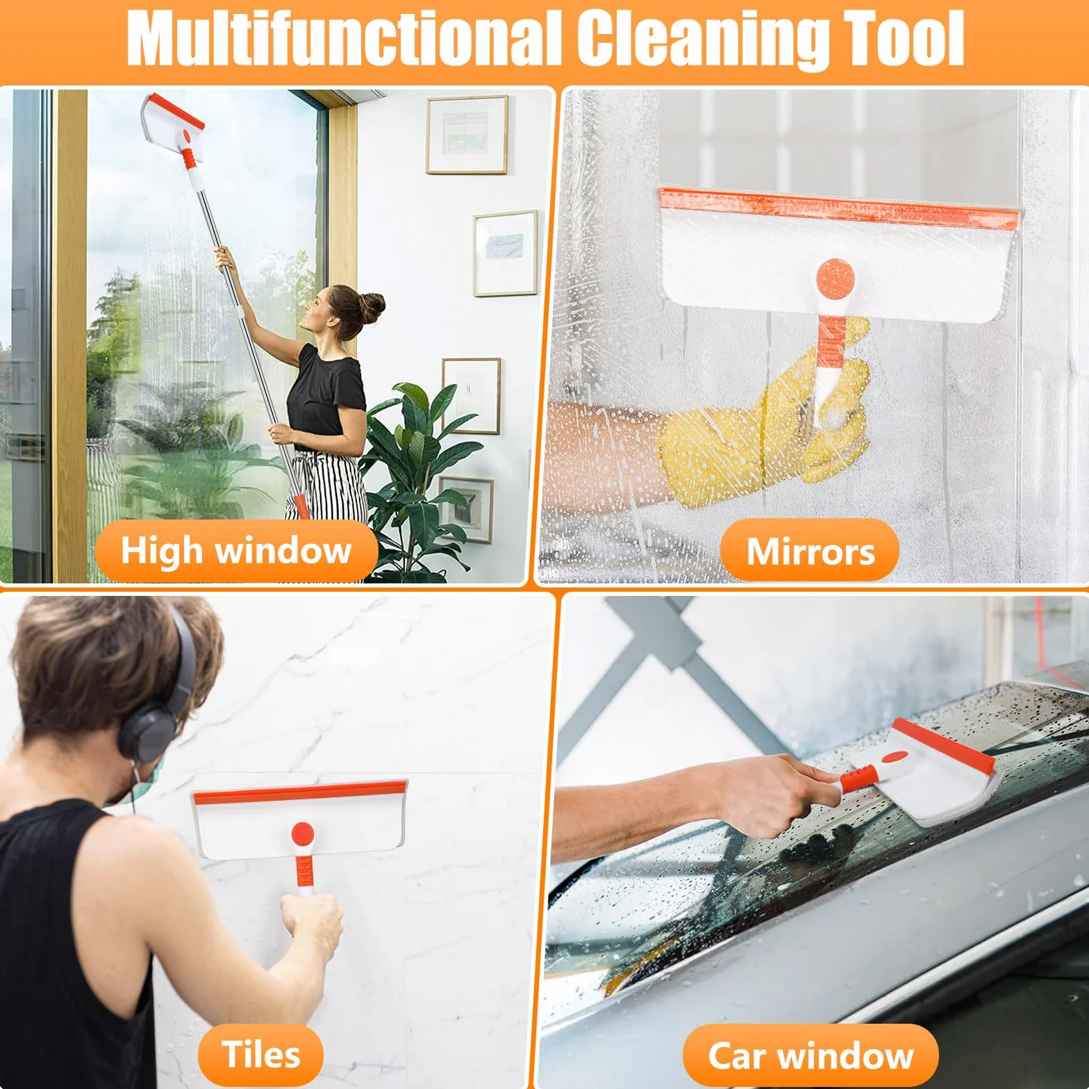 Alyvisun Lavavetri con Manico Telescopico 132cm, Kit 2 in 1 per Pulizia Finestre con Tergivetro Silicone e 4 Tamponi Microfibra