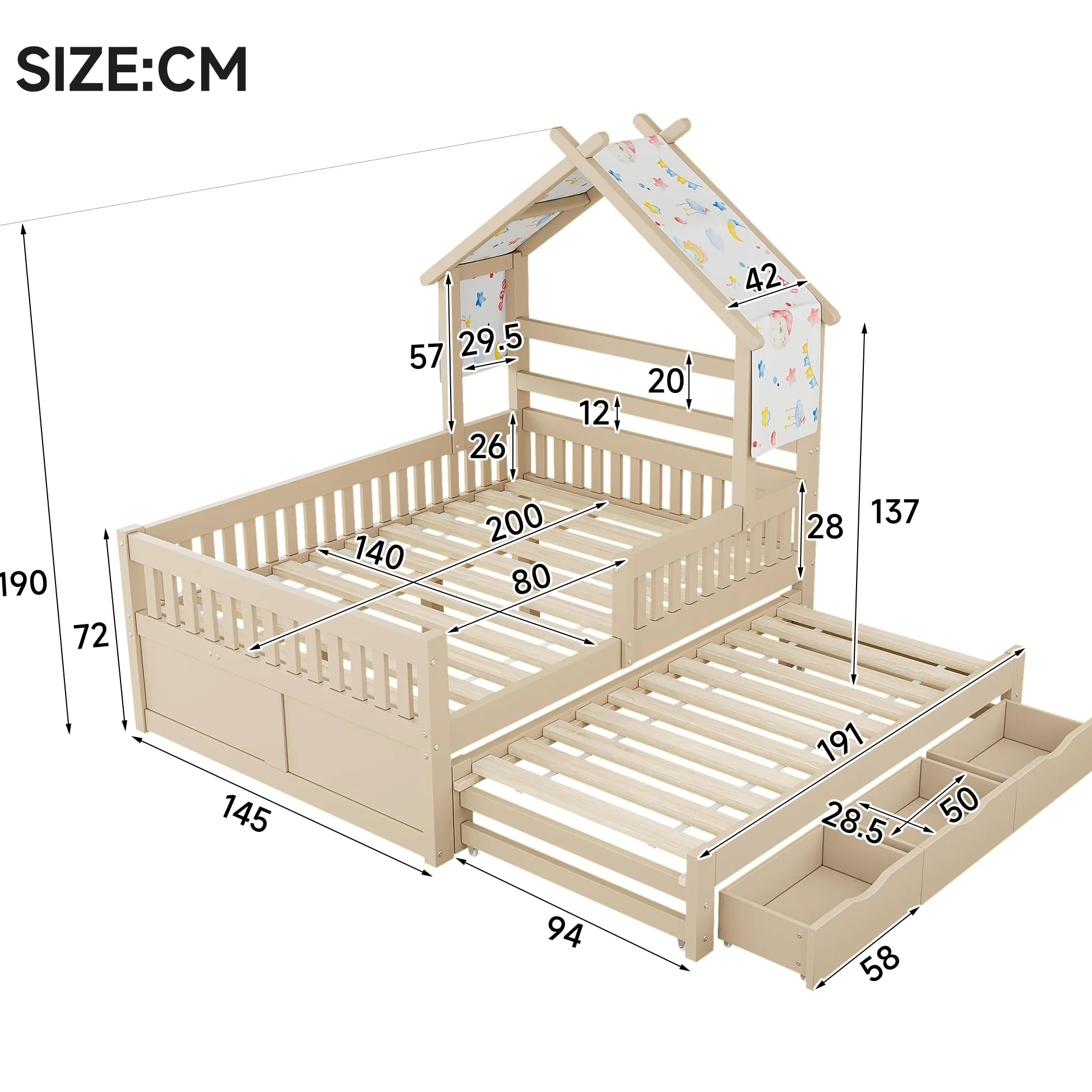 Letto Casetta per Bambini 140 x 200cm con Letto Estraibile, 3 Cassetti e Sponde di Sicurezza, Letto a Forma di Casa con Rete a doghe, Struttura letto in pino (Senza Materasso) Crema