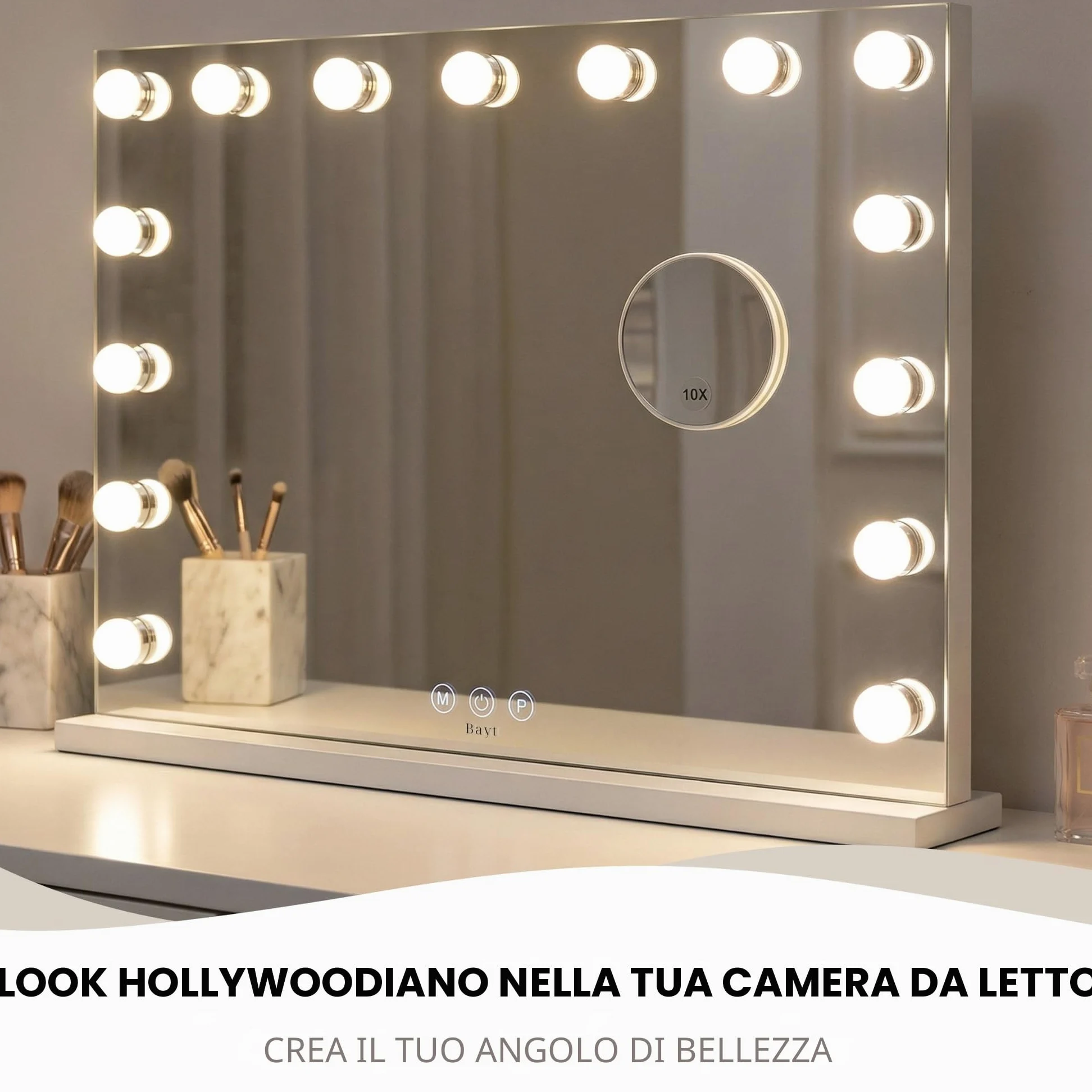Bayt Specchio Hollywood con luci LED – Specchio Trucco Bianco 58x46 cm con 15 Lampadine Dimmerabili, 3 Tonalità di Luce (calda, fredda, naturale), Touch Screen & Specchietto Ingranditore 10x