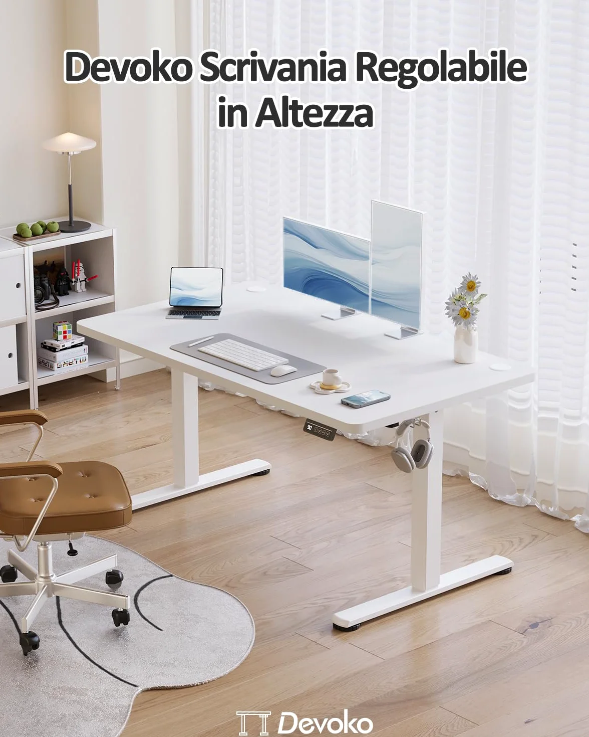Devoko 120x60 cm Scrivania Regolabile in Altezza,Elettrica per Lavoro in Piedi, Ufficio e Casa, Standing Desk Scrivania Studio in Casa con Piano Assemblato, Bianco