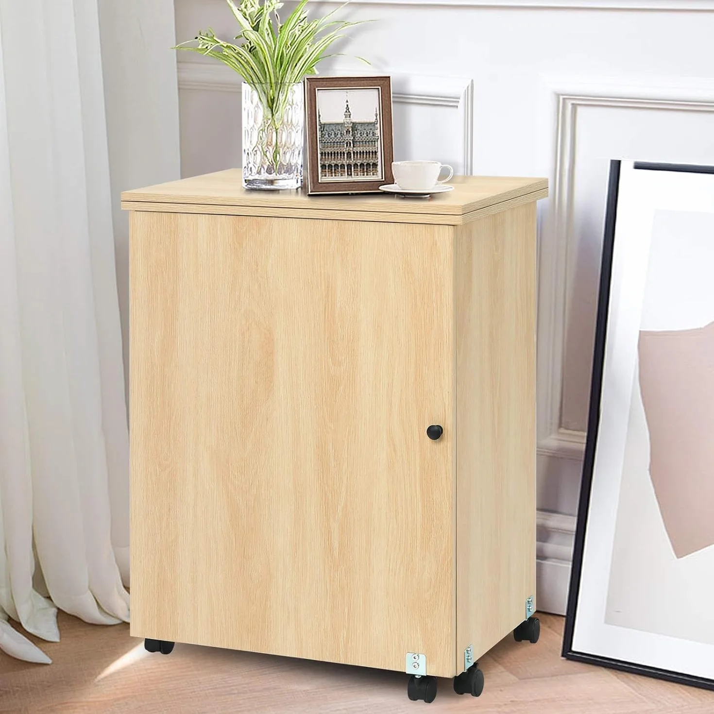 FANTASK Armadio da cucito pieghevole 2 in 1, tavolo da cucito in legno con 3 ripiani per bobine, armadietto per macchina da cucire per soggiorno, camera da letto e ufficio, beige