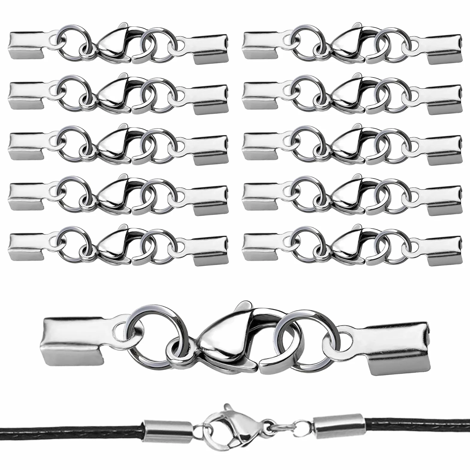 10 chiusure a catena in acciaio inox, accessori per gioielli fai da te, con fibbia a aragosta, adatti per cordini in pelle, collane, bracciali e altri gioielli (argento)