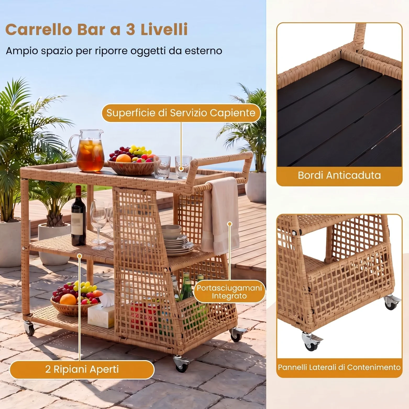 SOARS Carrello Bar in Rattan, Carrello Portavivande con 3 Ripiani Aperti e 4 Ruote, Maniglia Ergonomica, Moderno Carrellino Servizio Esterno Interno per Giardino, Terrazzo, Cucina, 98 X 54 X 92 CM