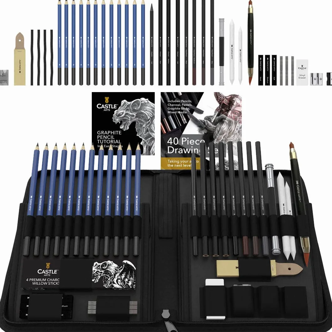 Castle Art Supplies Set 40 Pezzi per Disegno e Bozzetto Dotato di Guida | Per Artisti | Matite, Carboncini, Grafiti e Molto Altro | Con Custodia Cernierata di Trasporto