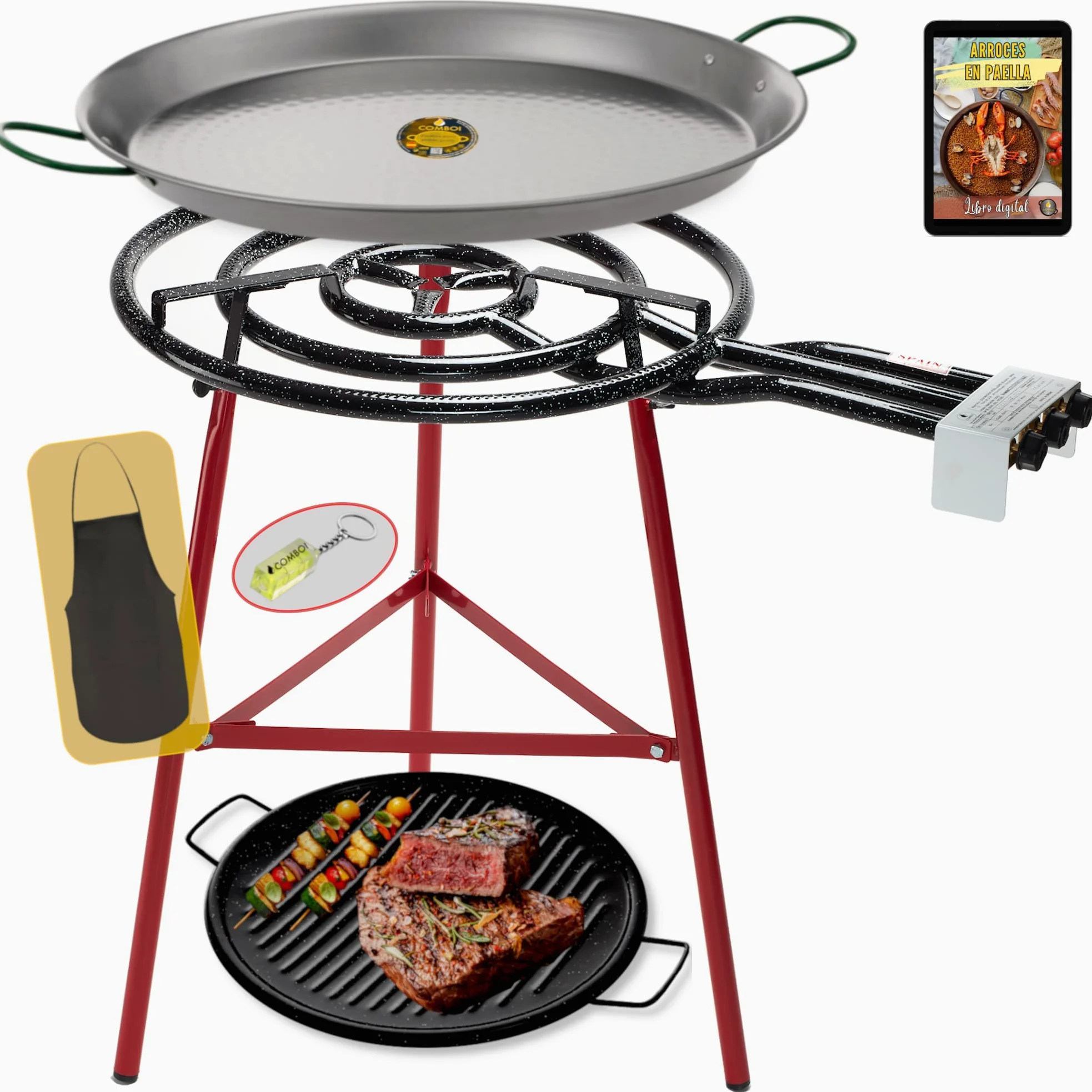 COMBOI Paellero gas butano 60 cm Kit bruciatore a 3 fuochi, paella da 70 cm + grill grill 46 cm, supporto gambe rinforzate, livello, grembiule, ricettario digitale.