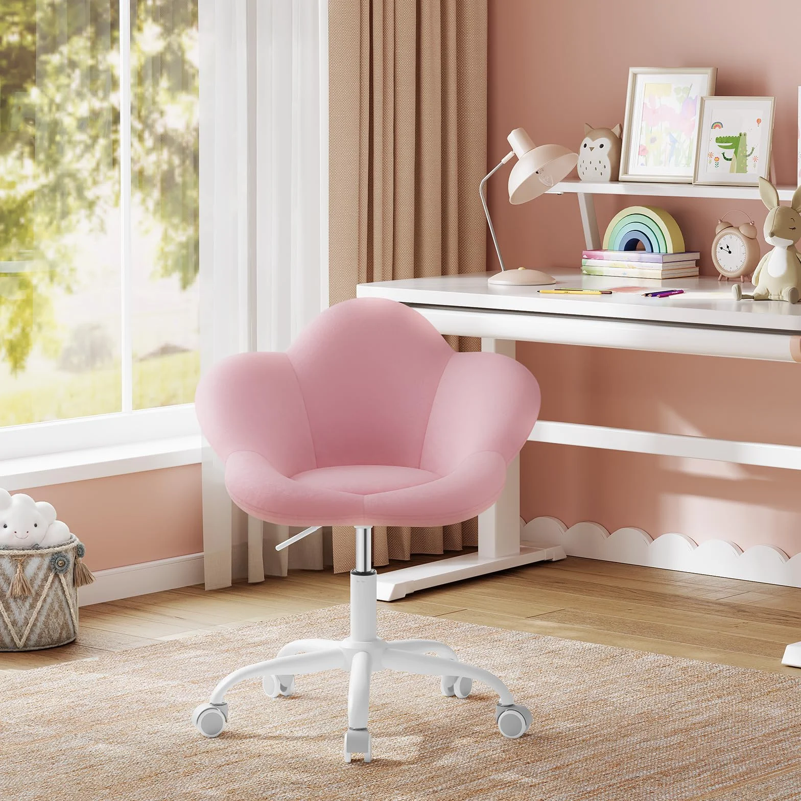 WOLTU Sedia da Scrivania per Bambini, Sedia Ufficio Ergonomica Girevole e Regolabile in Altezza con Rotelle, Seduta a Forma di Fiore per Studio, Camera da Letto, Velluto, Rosa Pastello