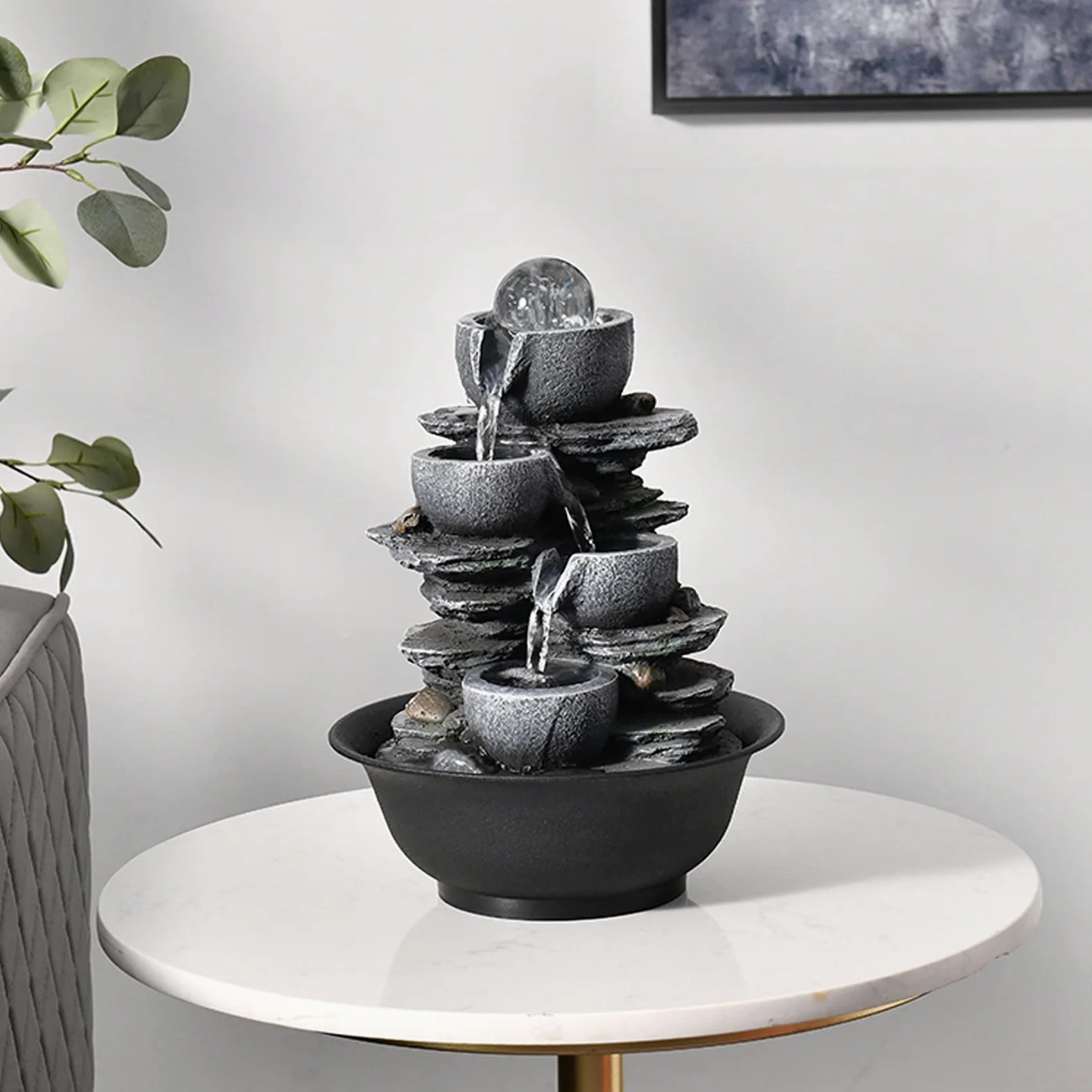 Fontane da tavolo per interni a 4 stadi Ciotola Cascata Fontana da tavolo Fontana per meditazione Zen Fontana per relax interna Fontana da tavolo con pompa automatica per ufficio Casa camera da letto