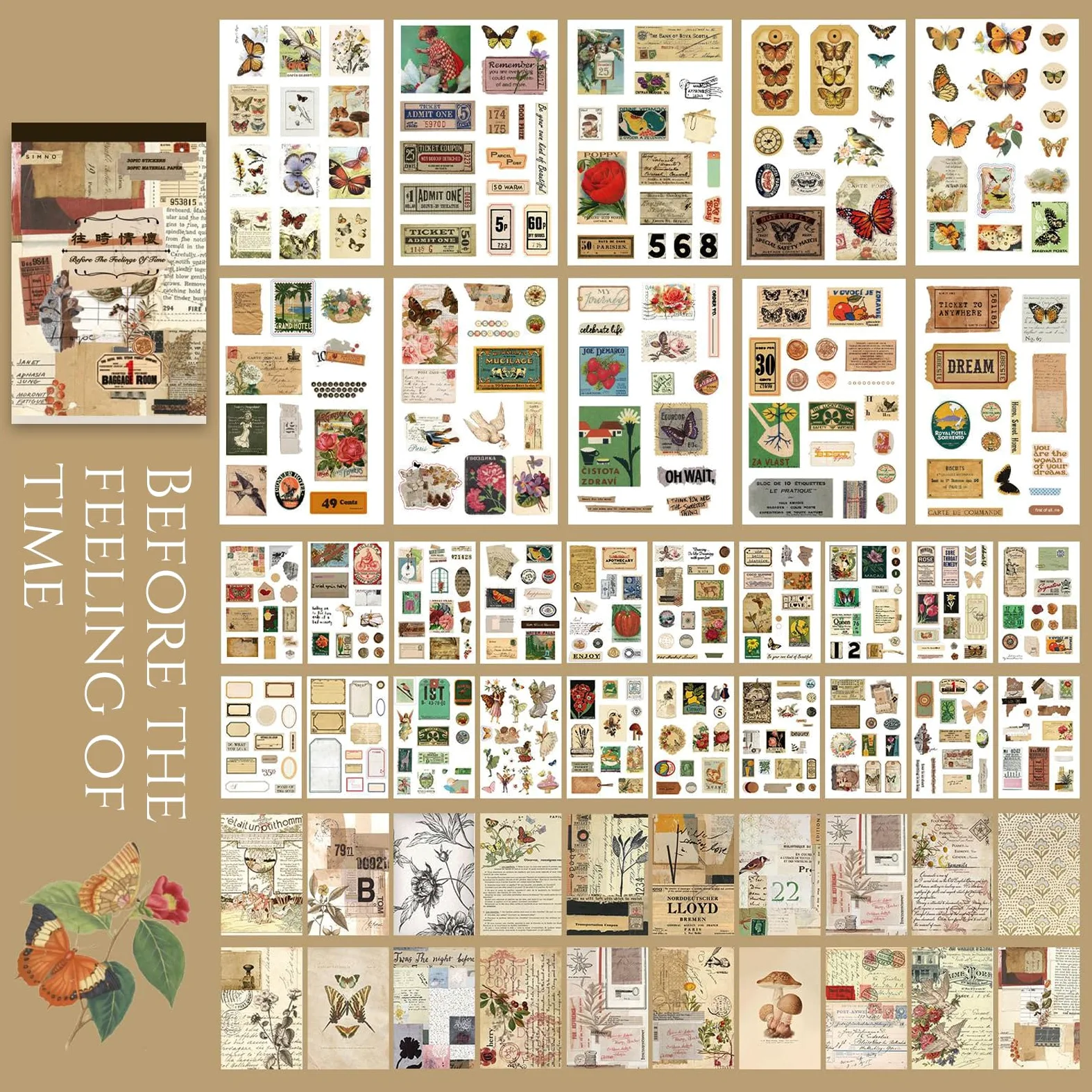 CMBPNNGS 411 Pezzi Vintage Scrapbook Accessory Set con 30 Fogli di Adesivi e 20 Fogli di Carta per Bullet Junk Journal Scrapbook Journaling, Sentimenti