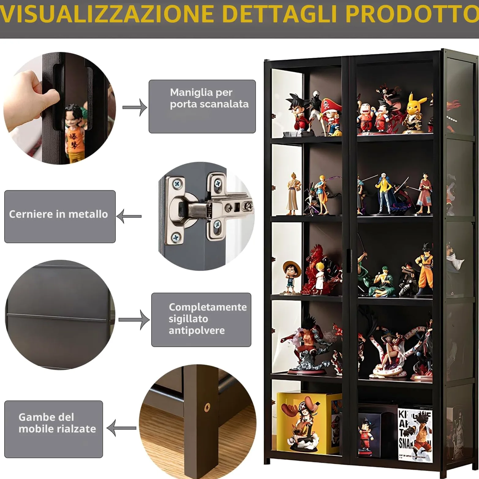 Vetrina anta vetro acrilico, vetrina 5 ripiani, organizer giocattoli collezione, libreria camera da letto, angolo lettura, bambini, bambù (porta a foglio nero)