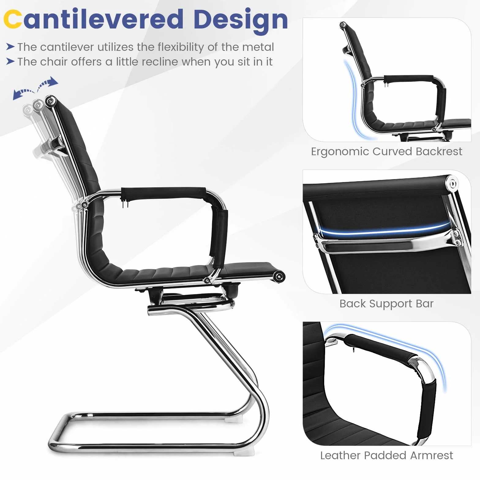 GIANTEX Set di 2 Sedie da Ufficio Cantilever Ergonomiche con Braccioli, Sedie Visitatori Telaio in Metallo Robusto, Sedie per Ricevimento Moderne per Ufficio, Conferenza, Sala d'attesa, Nero