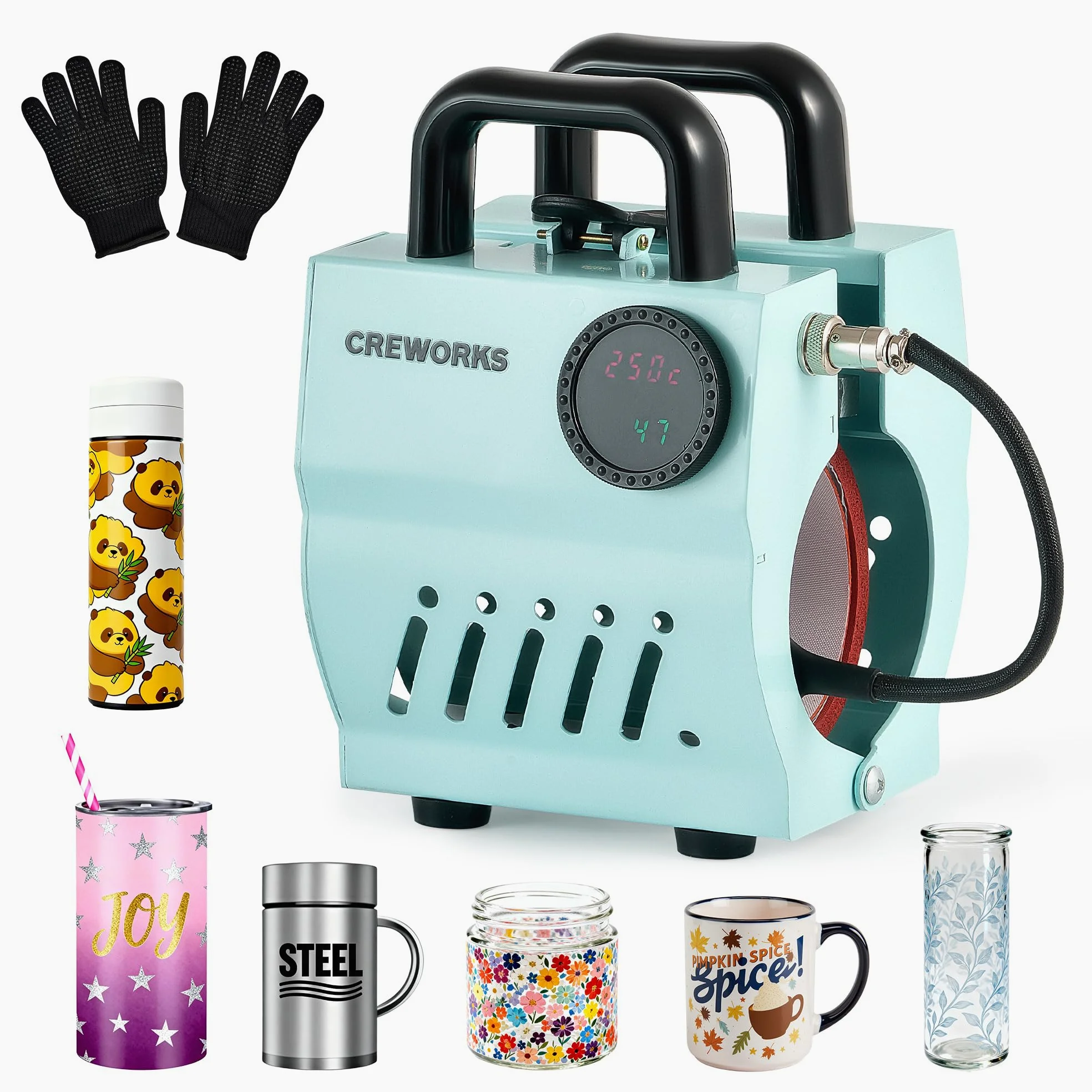 CREWORKS Pressa a Caldo per Tazze 265-440 ml Mini Pressa Tazze per Sublimazione Termopressa per Tazze Portatile con LCD Controllo della Manopola Tempo e Temperatura Regolabile per Bicchieri Tazze