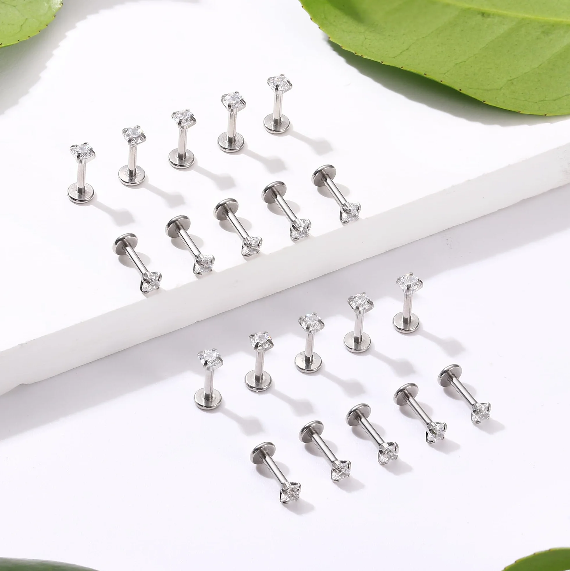CASSIECA 20Pcs 16G Piercing Labret Acciaio Inossidabile Labbro Trago Helix Conch Naso Cartilagine Orecchini Argento Oro Verticale 6/8/10mm