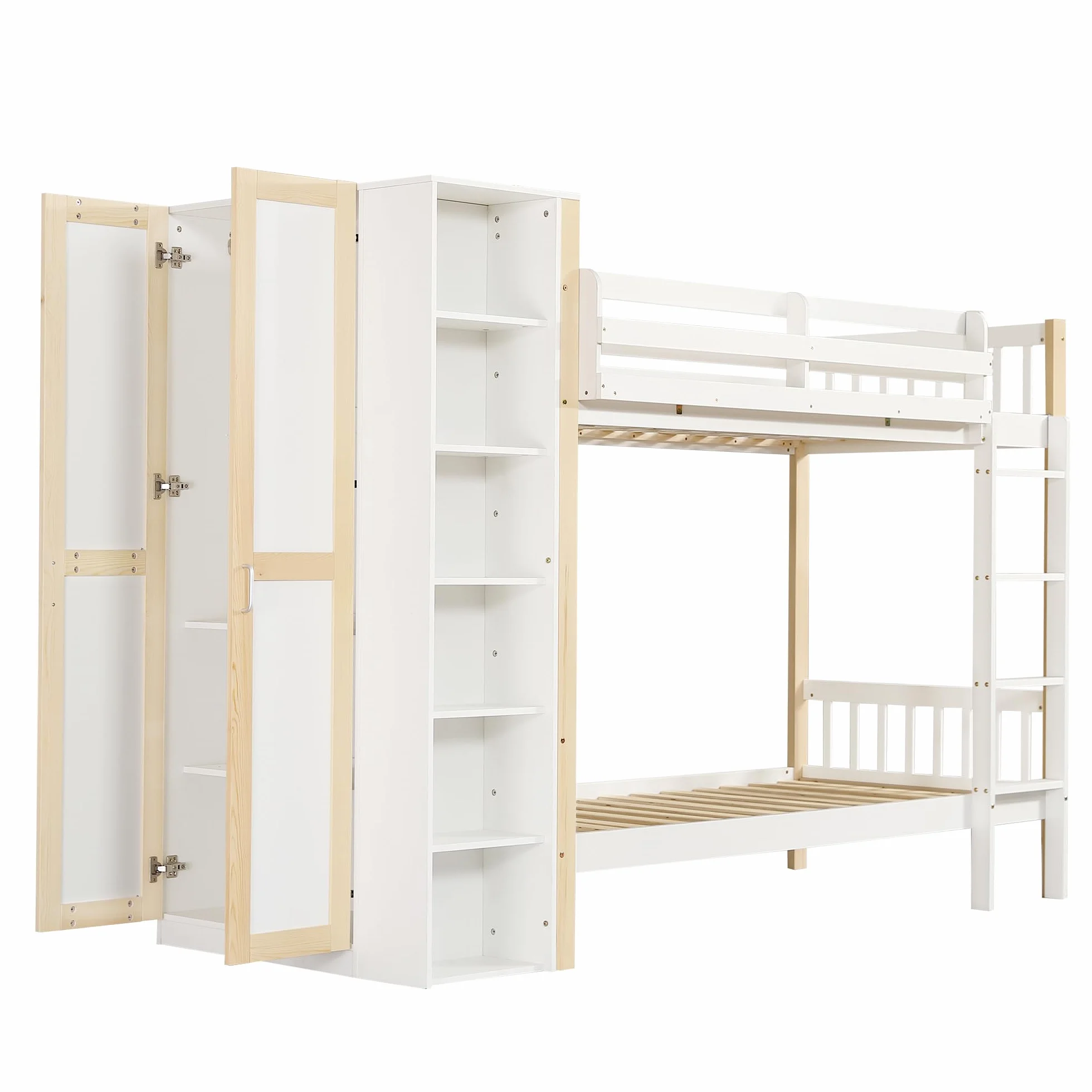 Idemon Letto a castello, Lettino per bambini con protezione laterale e griglia, con scala a 4 livelli, 6 ripiani aperti, armadio laterale, ampio spazio di archiviazione, pino+PB, bianco+naturale