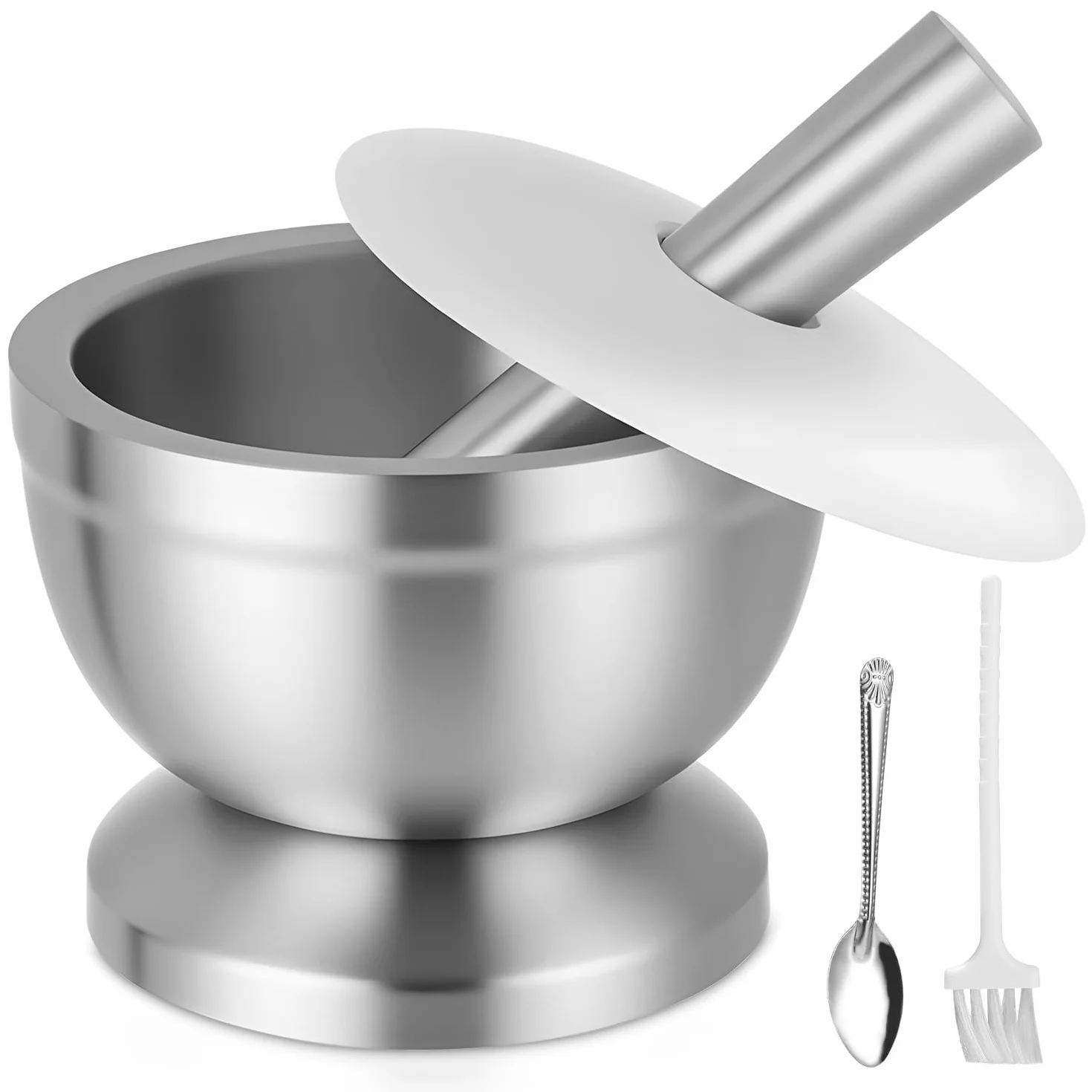 Set di Mortaio con Pestello da 350 ml in Acciaio Inox con Spazzola, Cucchiaio e Coperchio in Silicone, Macinino per Spezie di Qualità Superiore, Frantumatore e Ciotola per la Vaniglia