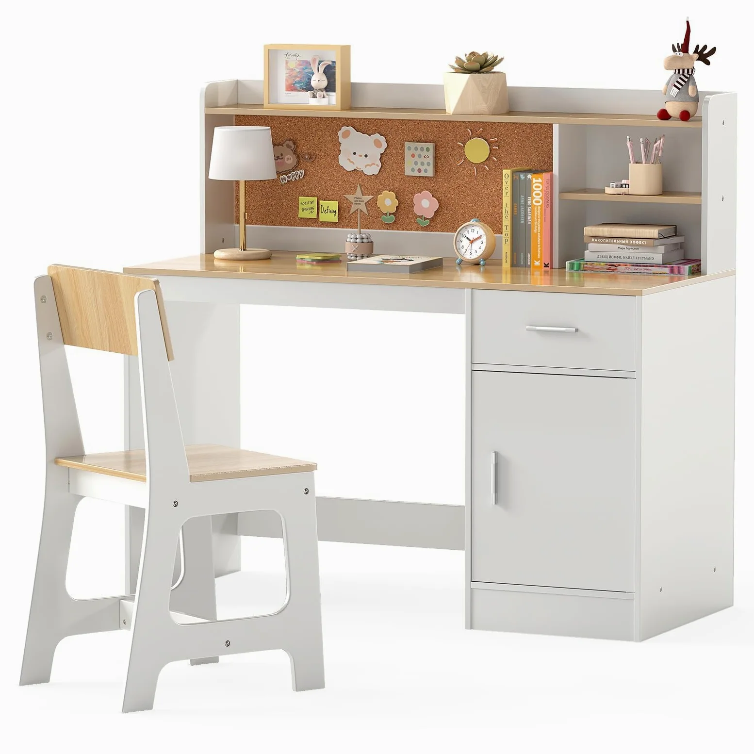LIFEZEAL Scrivania e Sedia per Bambini, con Cassetto, Armadietto, Ripiano, Bacheca, Sedia con Schienale, Tavolino da Studio, Gioco, Banco Scuola per Ragazzi, in Legno, per Cameretta (naturale)