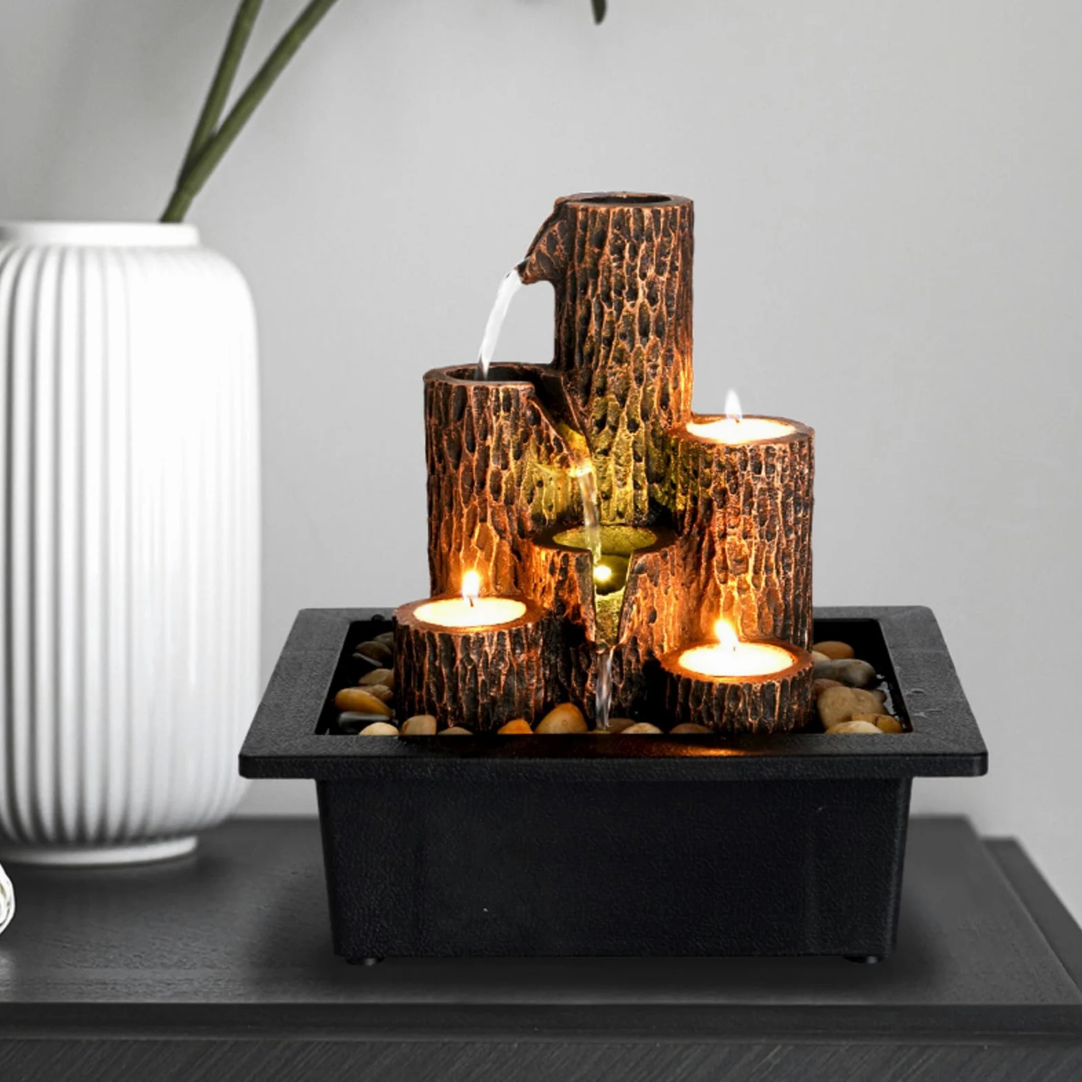 MIXIUJIEN Fontana da tavolo con struttura in legno naturale - Fontana a cascata a 3 livelli for il relax in casa e in ufficio