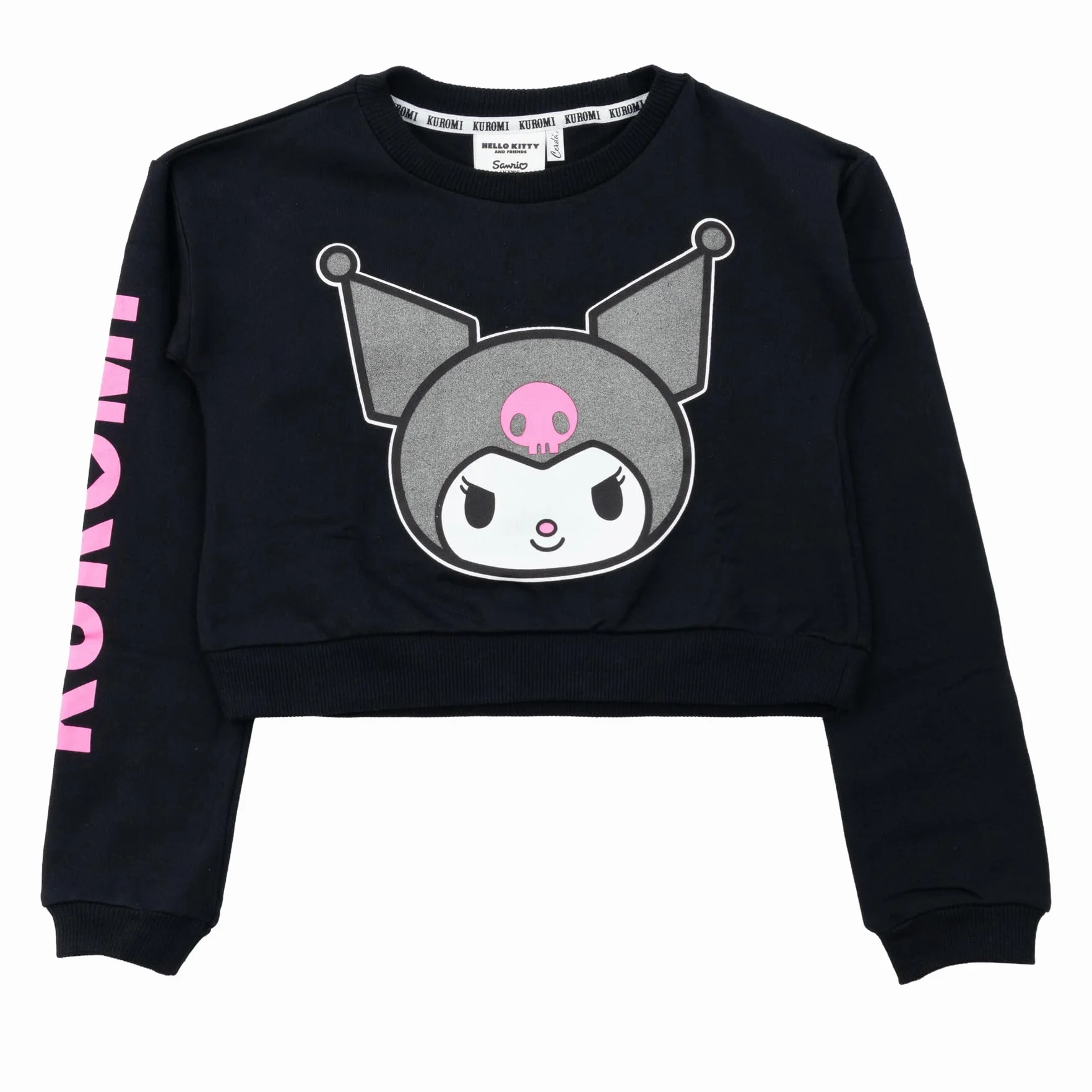 Hello Kitty Friends Kuromi Felpa Corta Crop Top Ragazza 6-14 Anni Nera Kawaii Cotone Poliestere
