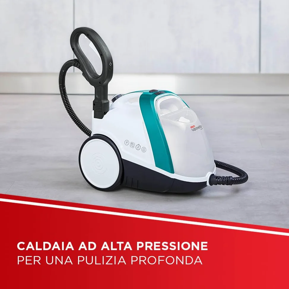 Polti Vaporetto Smart 100 T, Pulitore a Vapore con Caldaia ad Alta Pressione 4 Bar, Potenza Max 1500 W, 8 Accessori Inclusi, Bianco e Turchese