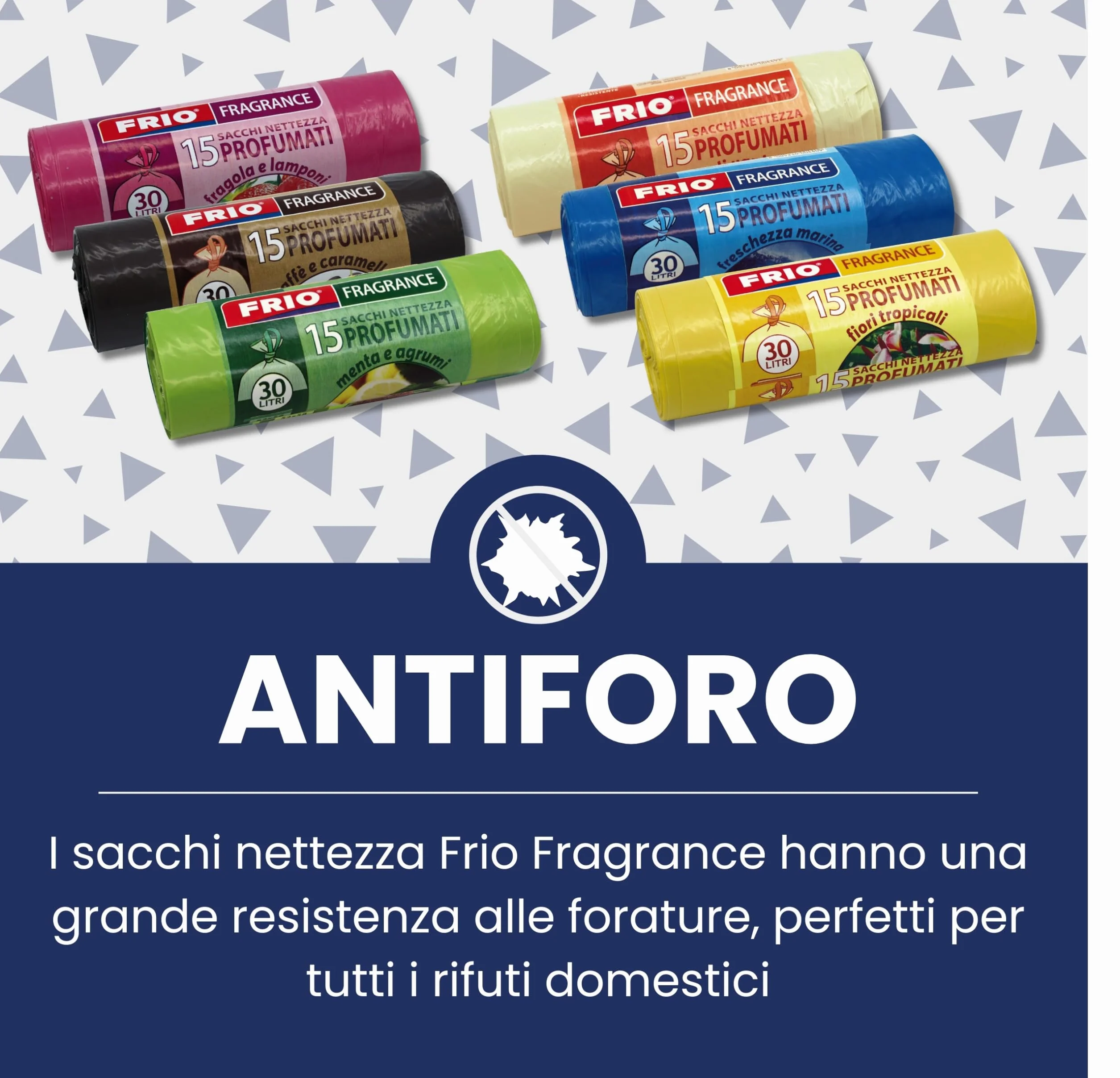 FRIO Multifrutti - 90 Sacchetti spazzatura 30 Litri Profumati, 6 Confezioni da 15 Sacchi immondizia con 6 aromi, colori assortiti - 52x58 cm - Buste per pattumiera resistenti, piccoli, differenziata