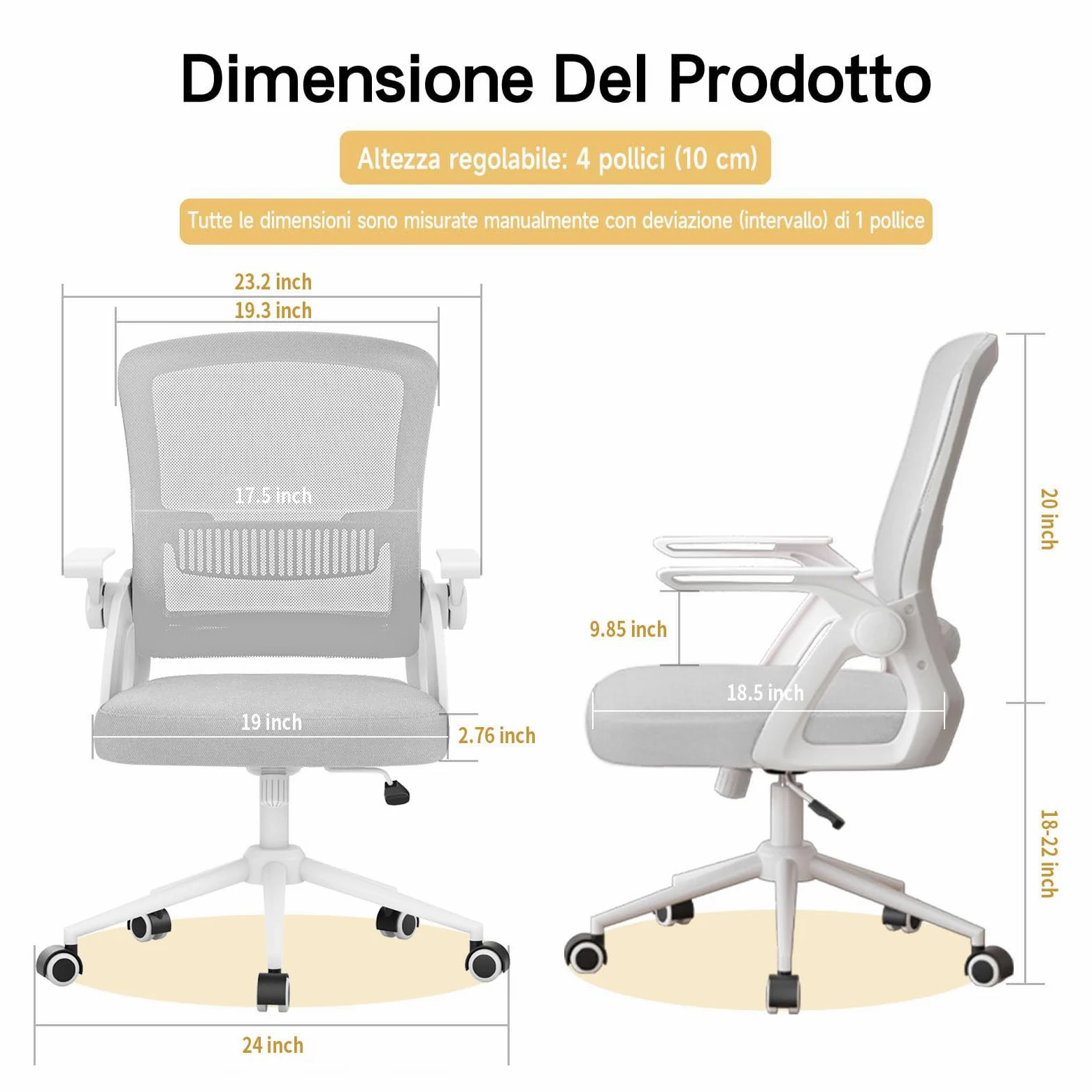 naspaluro Sedia da Ufficio Scrivania Ergonomica, Con Braccioli Pieghevoli, Altezza Regolabile, Seduta e Schienale in Rete Respirante, Girevole con Ruote, Funzione Oscillante Grigio