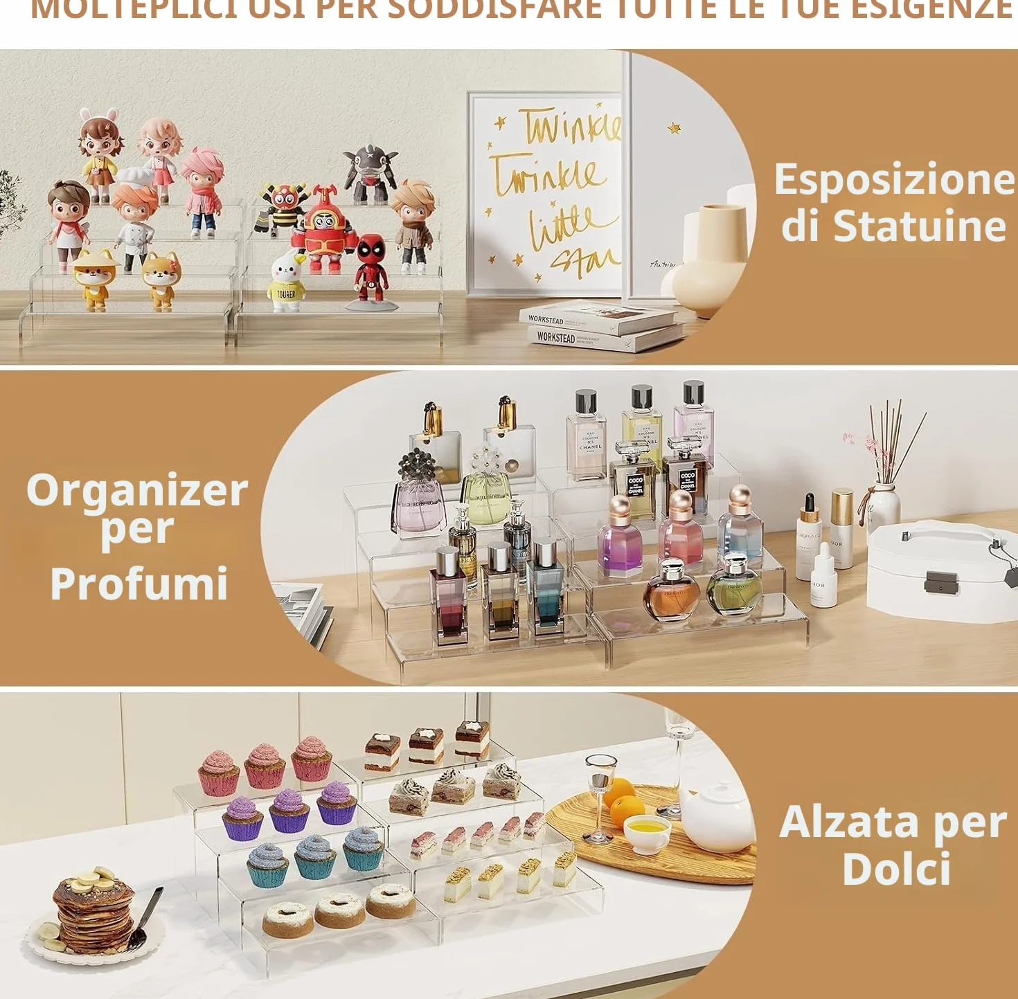 KAHEIGN 8 Pezzi Alzate Grandi in Acrilico, 2 Sets 4 Ripiani Mensola Trasparente per Espositori Supporto da Tavolo per Profumi Cupcake Figure Dessert Cibo Cosmetici Lozione Crema Gioielli
