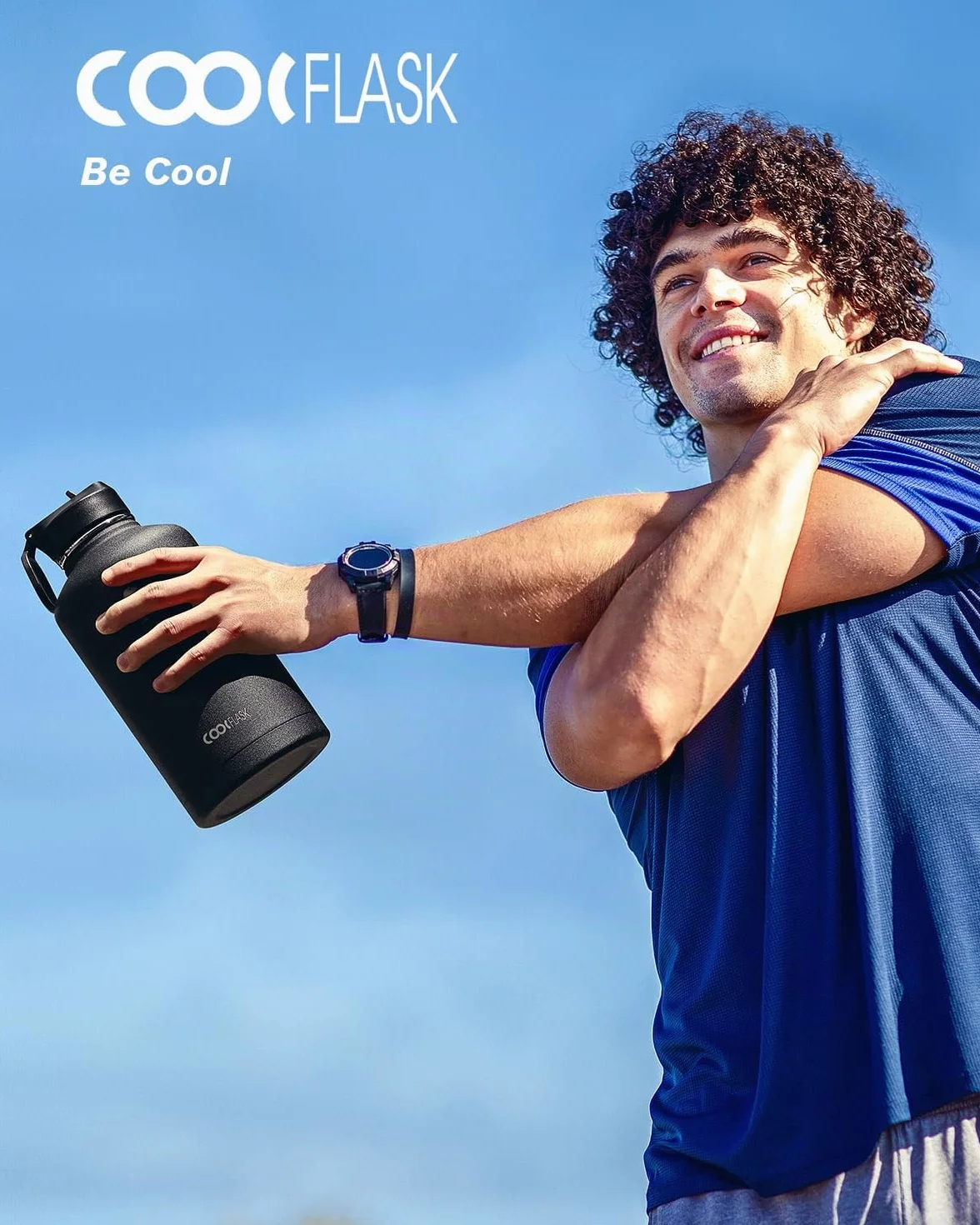 Coolflask Bottiglia D'acqua Isolata 2L con Cannuccia e 3 Coperchi - Doppia Parete Sottovuoto, Nero