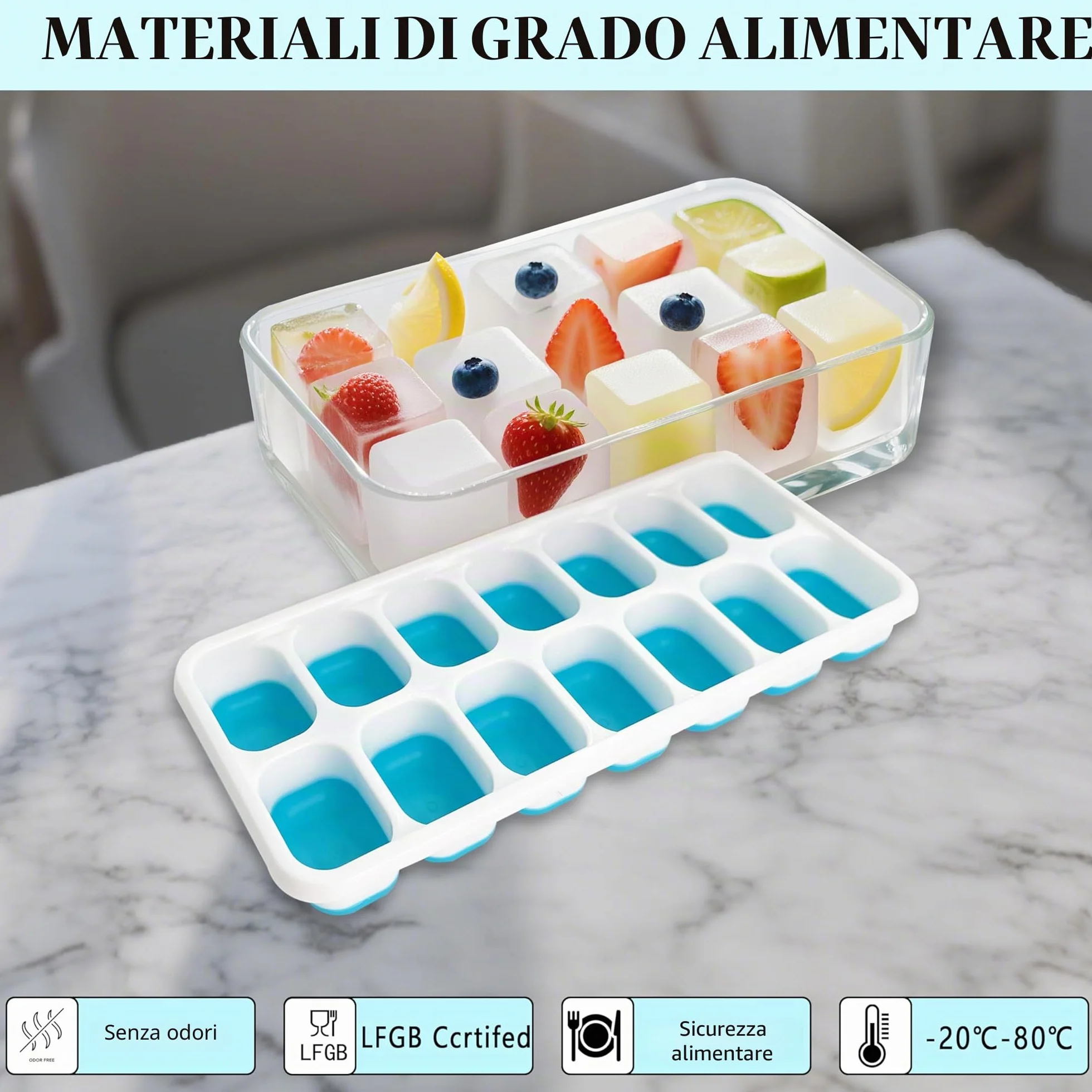 Stampo Cubetti di Ghiaccio in Silicone Alimentare con Coperchio LFGB, Adatto per Whisky e Cocktail (Rosa, Blu, Giallo, Verde)