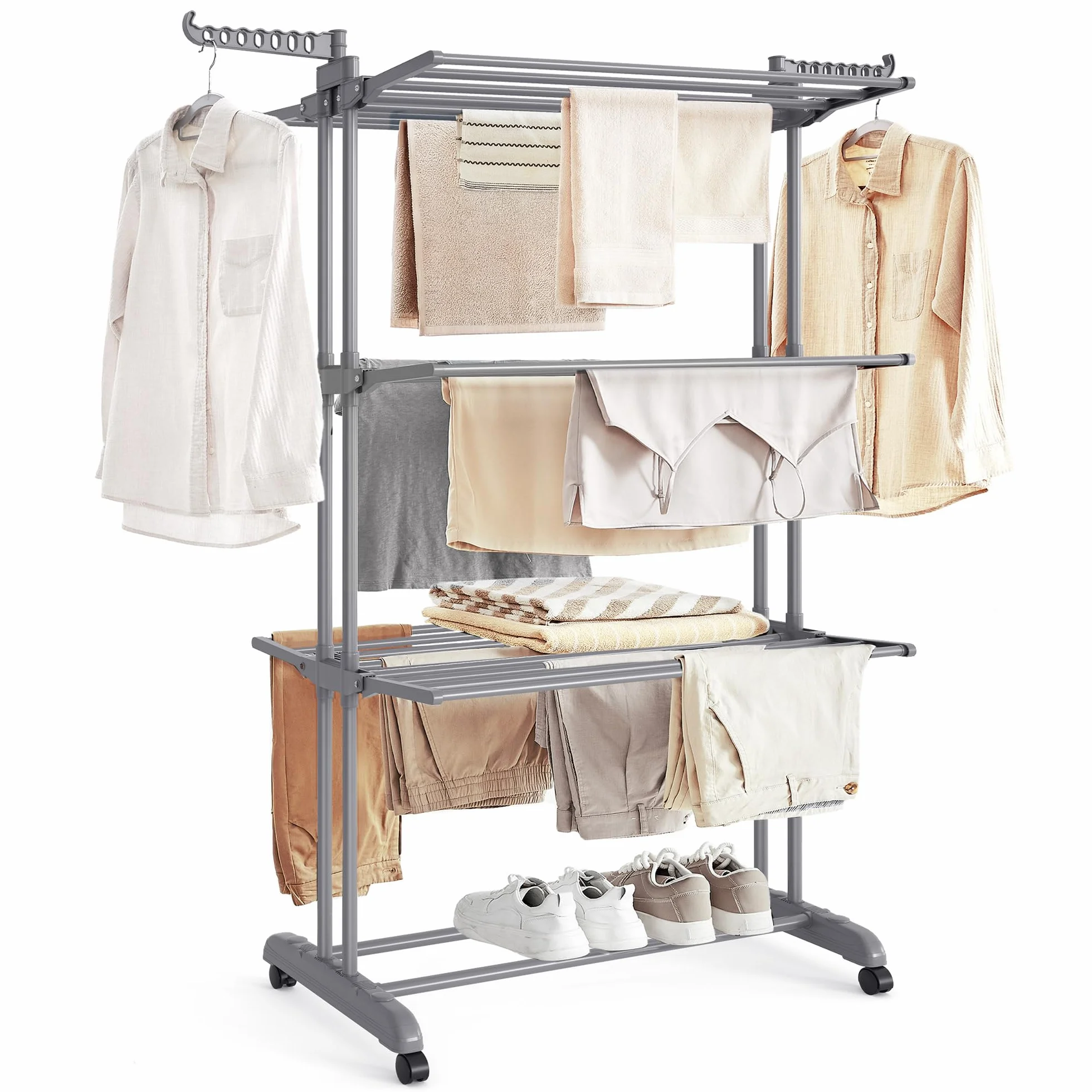 SONGMICS Stendibiancheria Pieghevole 4 Livelli con Ruote 63,5x128x173 cm Grigio LLR701G01