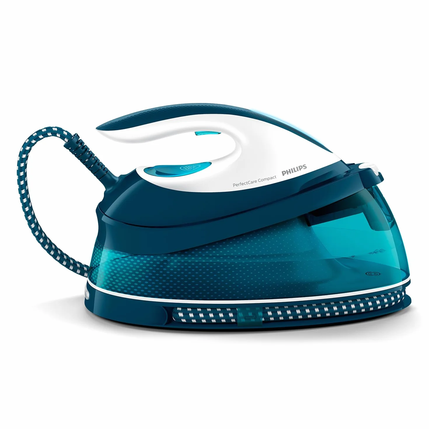 Philips PerfectCare Compact Ferro da Stiro con Caldaia - 2400W, Colpo di Vapore 400g, Pressione 6,5 Bar, Tecnologia OptimalTEMP, Serbatoio 1,5 l, Bianco/Blu (GC7844/20)