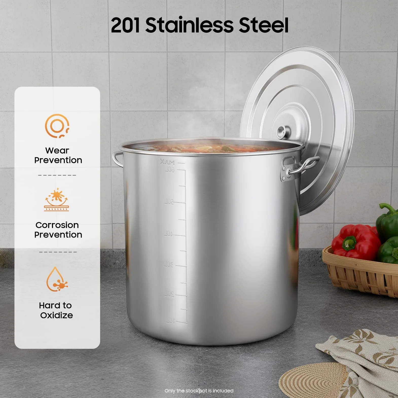 Pentola da cucina in acciaio inox, 70 l, grande capacità, con manici, per feste e gastronomia, 46,5 x 45 cm, in acciaio inox per fornelli a gas, fornelli elettrici, fornelli a induzione