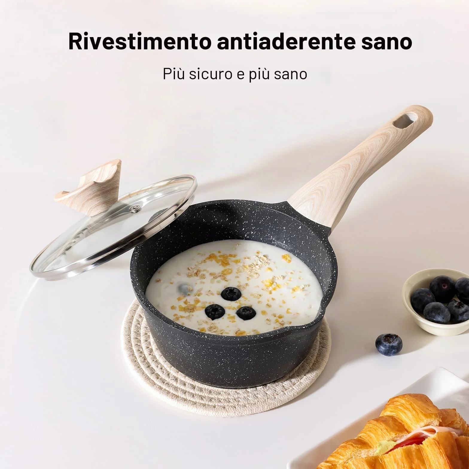 Set di pentole Kordisen con coperchi, da 16 cm e 20 cm, rivestimento in granito, doppio beccuccio per versare, facili da pulire, adatte ai piani cottura a induzione - Ideali per cucine piccole (Nero)