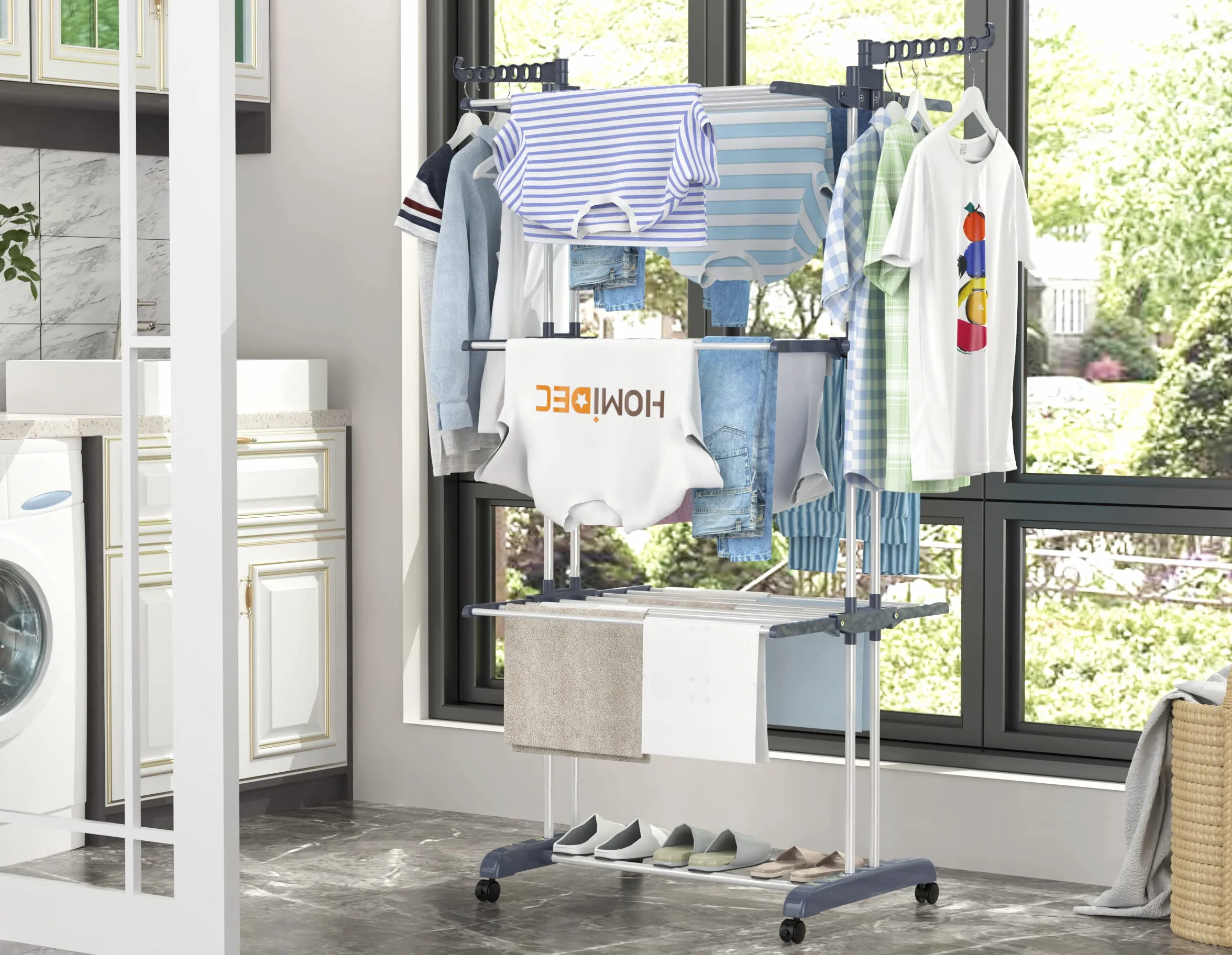 HOMIDEC Stendino 4 Livelli Verticale Allungabile con Ruote Acciaio Inossidabile Grigio