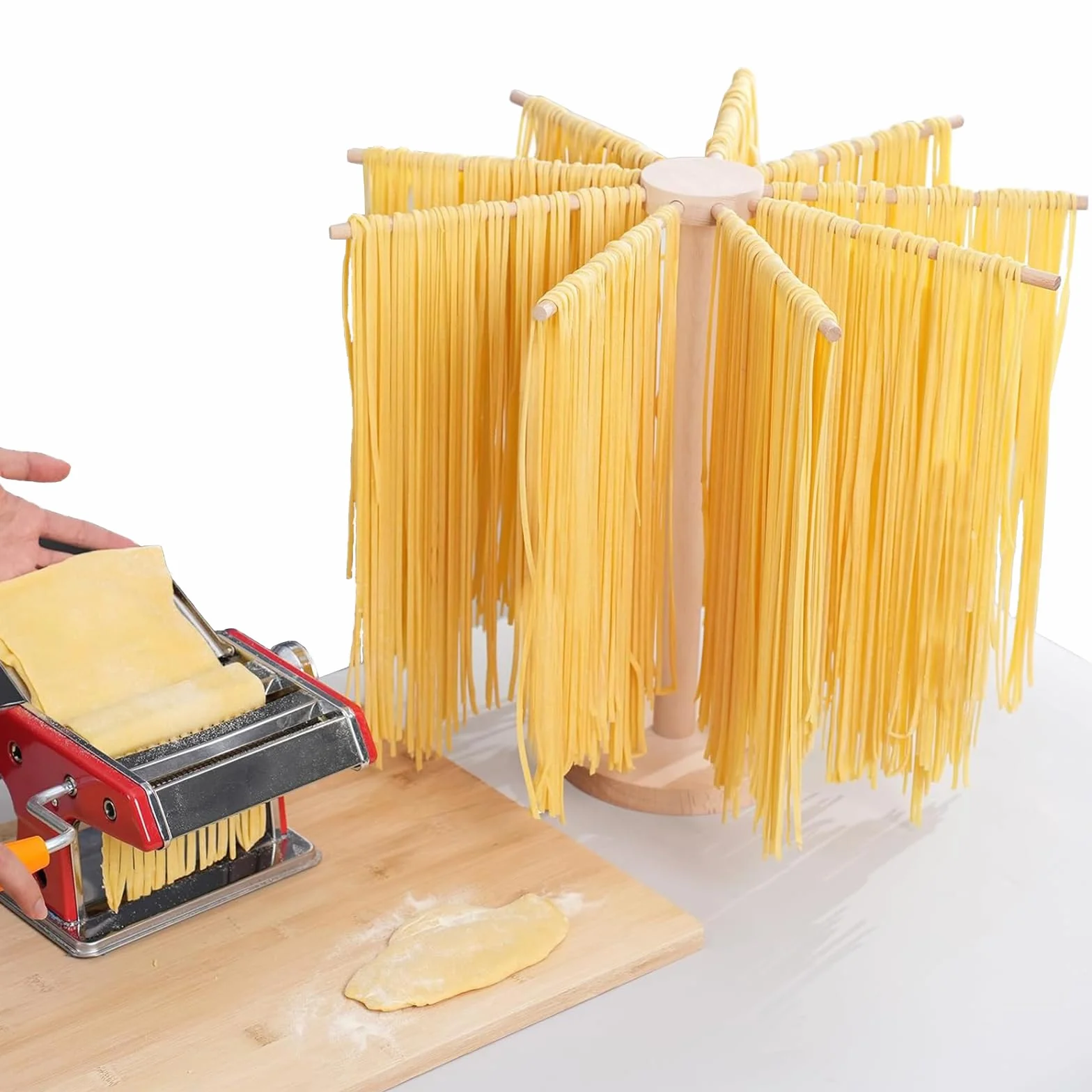 Essiccatore per Pasta, Stendino per Pasta, Essiccatoio per Pasta Grande in Legno con 9 Bracci Rimovibili,con Base, Riutilizzabili, per Spaghetti, Altezza 45 cm