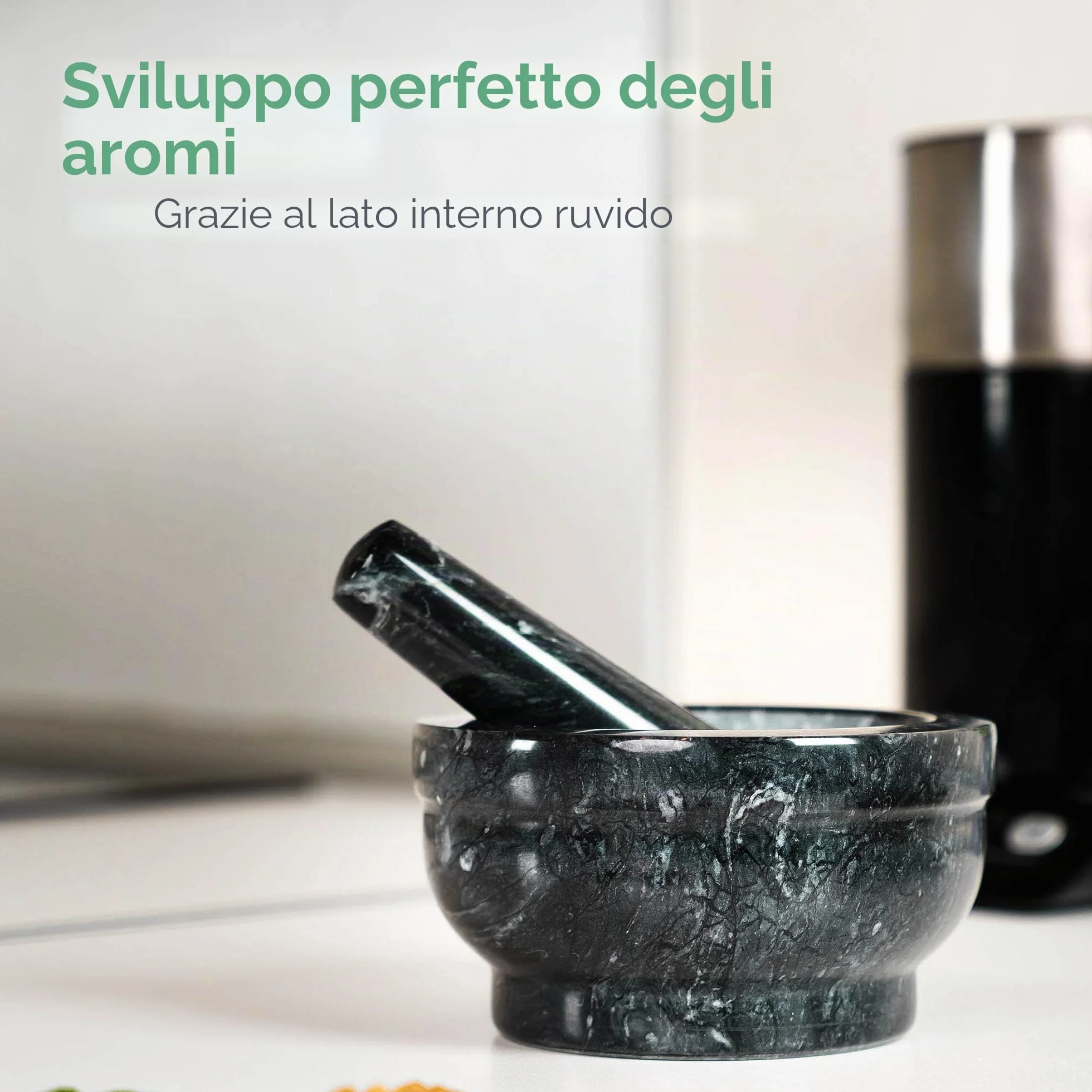 Mortaio con Pestello Marmo 15x8cm Pietra Naturale Nera per Pesto e Piante Aromatiche