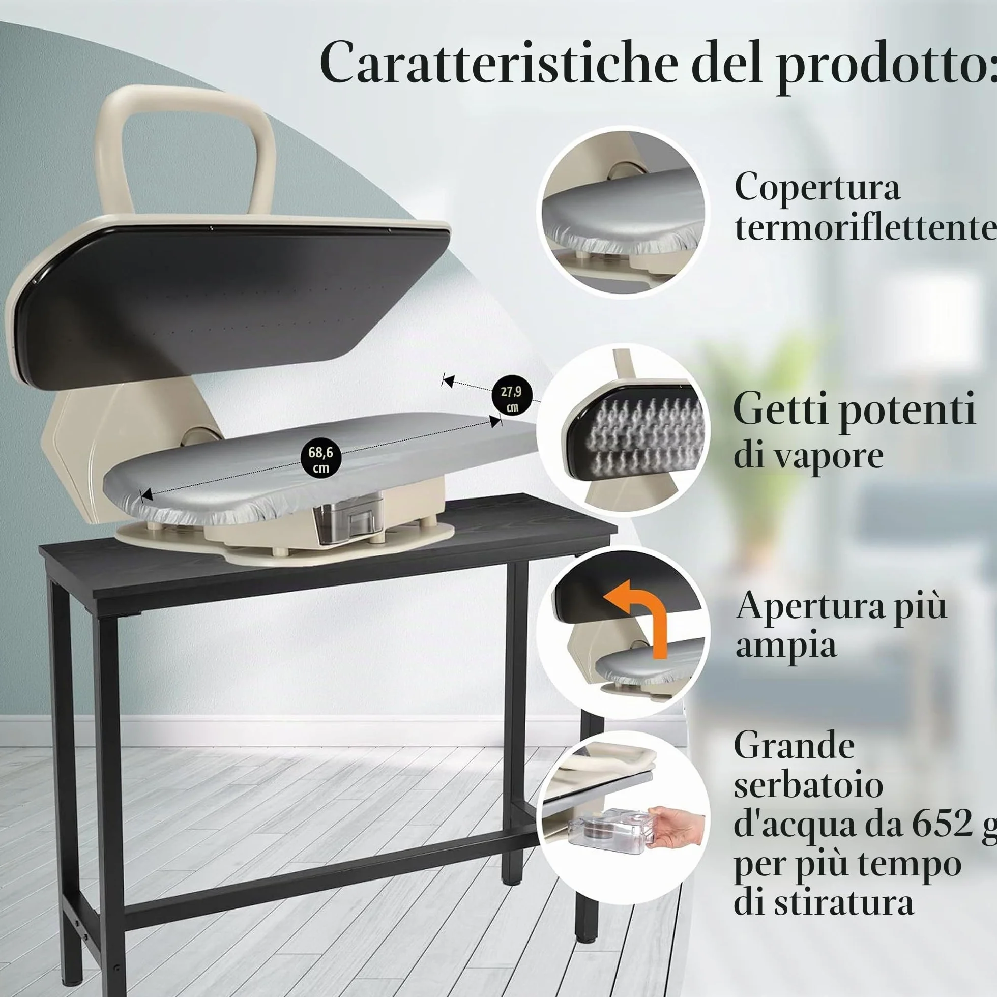 Speedypress Pressa da stiro a vapore 71HD-argento/nero, resistente, professionale, 67 cm, con supporto