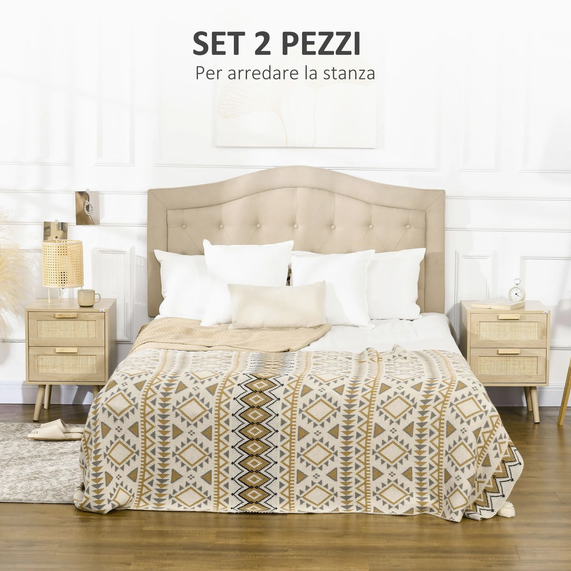 HOMCOM Set di 2 Comodini per Camera da Letto, Comodini Stile Boho Eleganti con 2 Cassetti, 40x40x56cm, Colore Legno Naturale