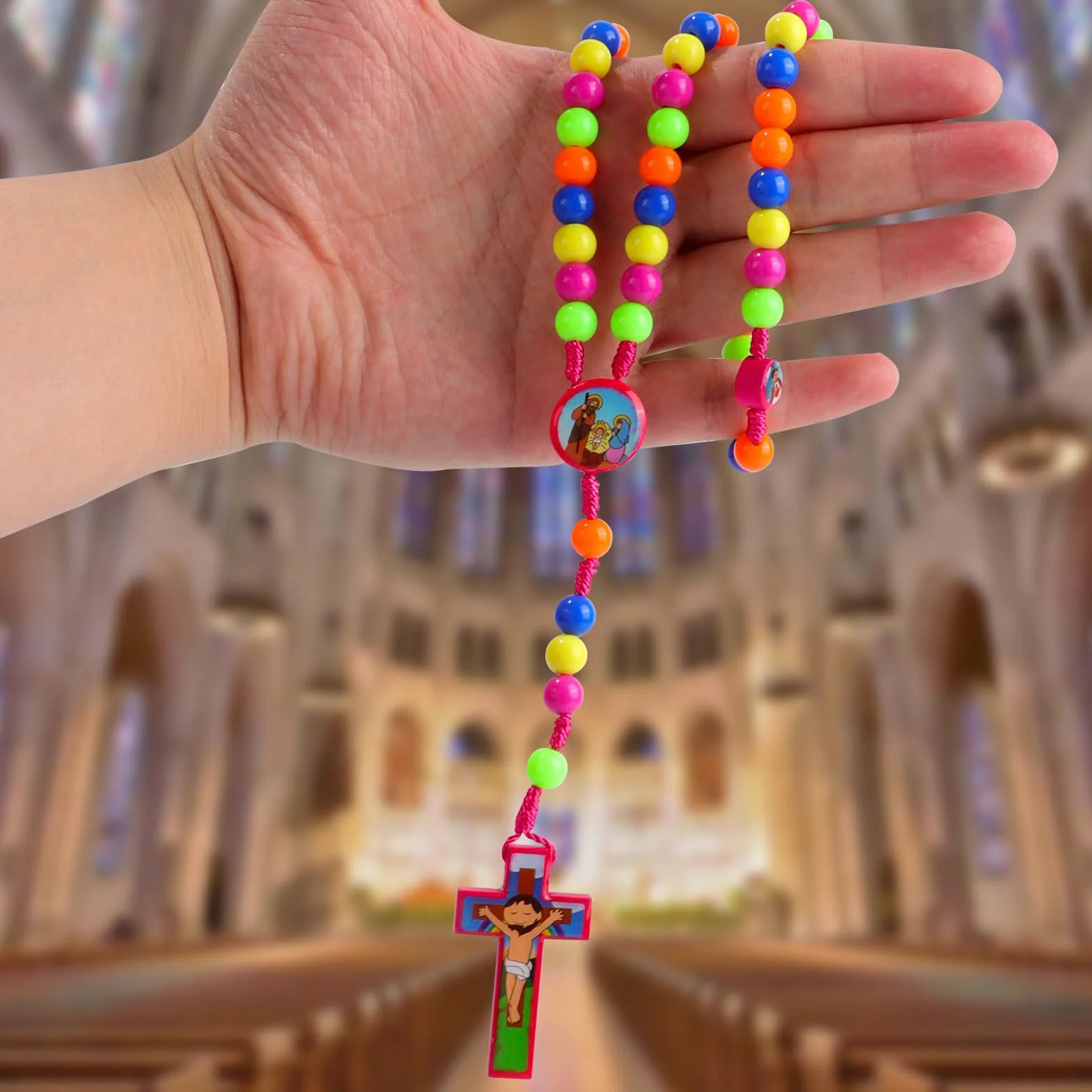 Risipu Rosario con perline colorate, rosario per imparare a pregare, per bambini, con sacchetto regalo in velluto, regalo per Natale, Pasqua e battesimo cattolico