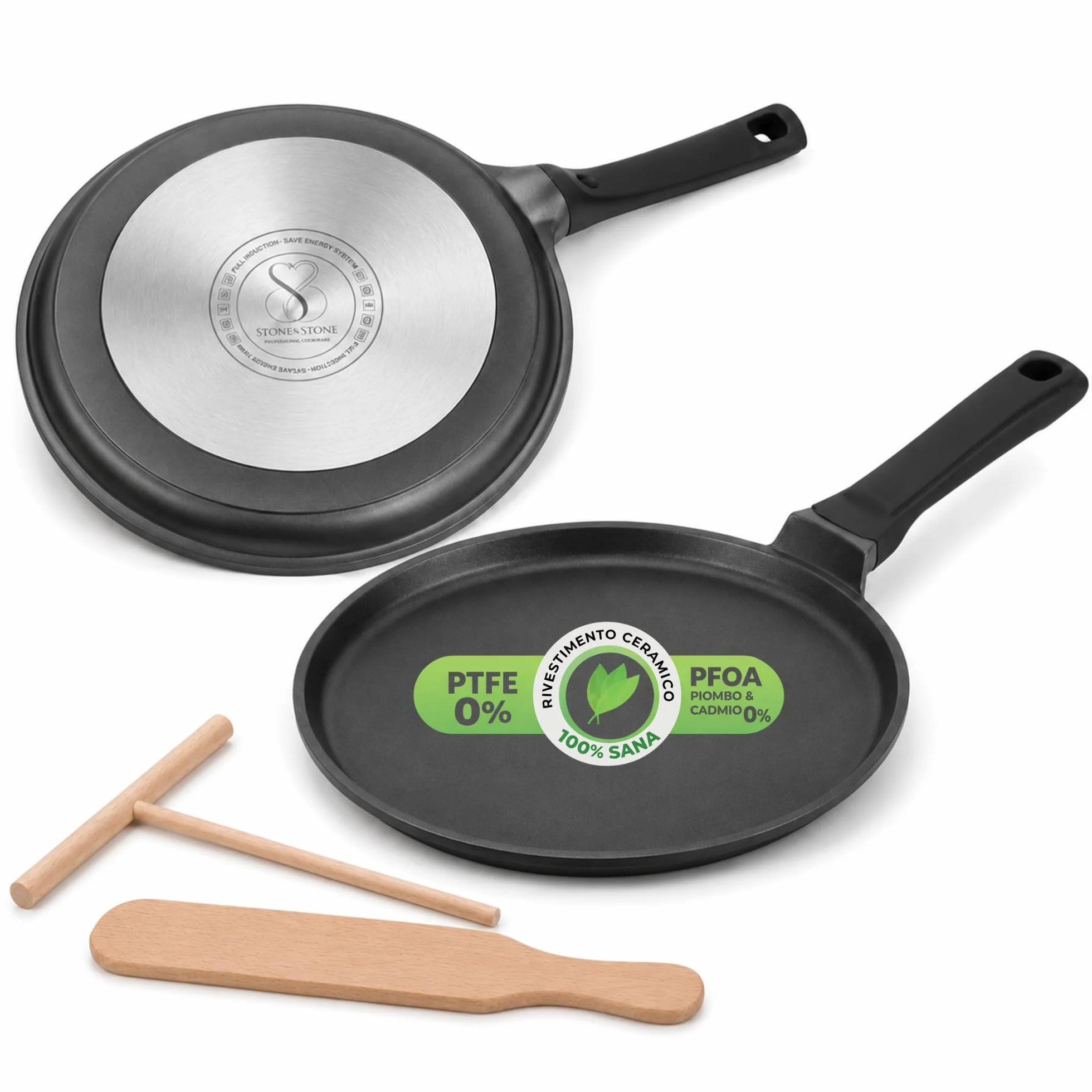 Stone&Stone Padella per Crepes e Pancake 26cm Antiaderente per Induzione e Gas | Crepiera con Rivestimento Ceramico Tedesco | Senza PFOA PFAS PTFE | Spatola e Stendi Pastella Inclusi