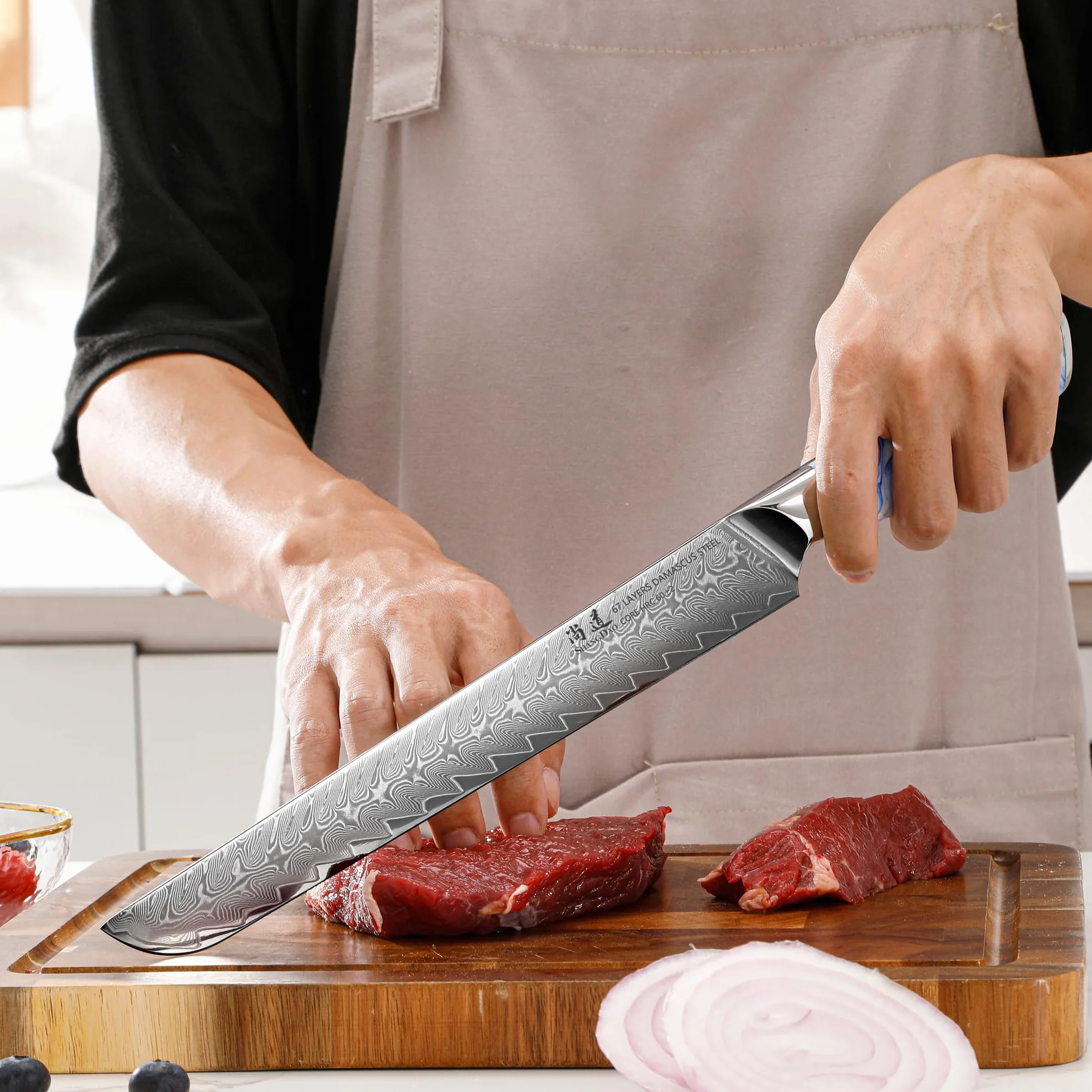 SHANGDAO Coltello per affettare Brisket 10 pollici Acciaio damasco forgiato VG 10 Codolo completo