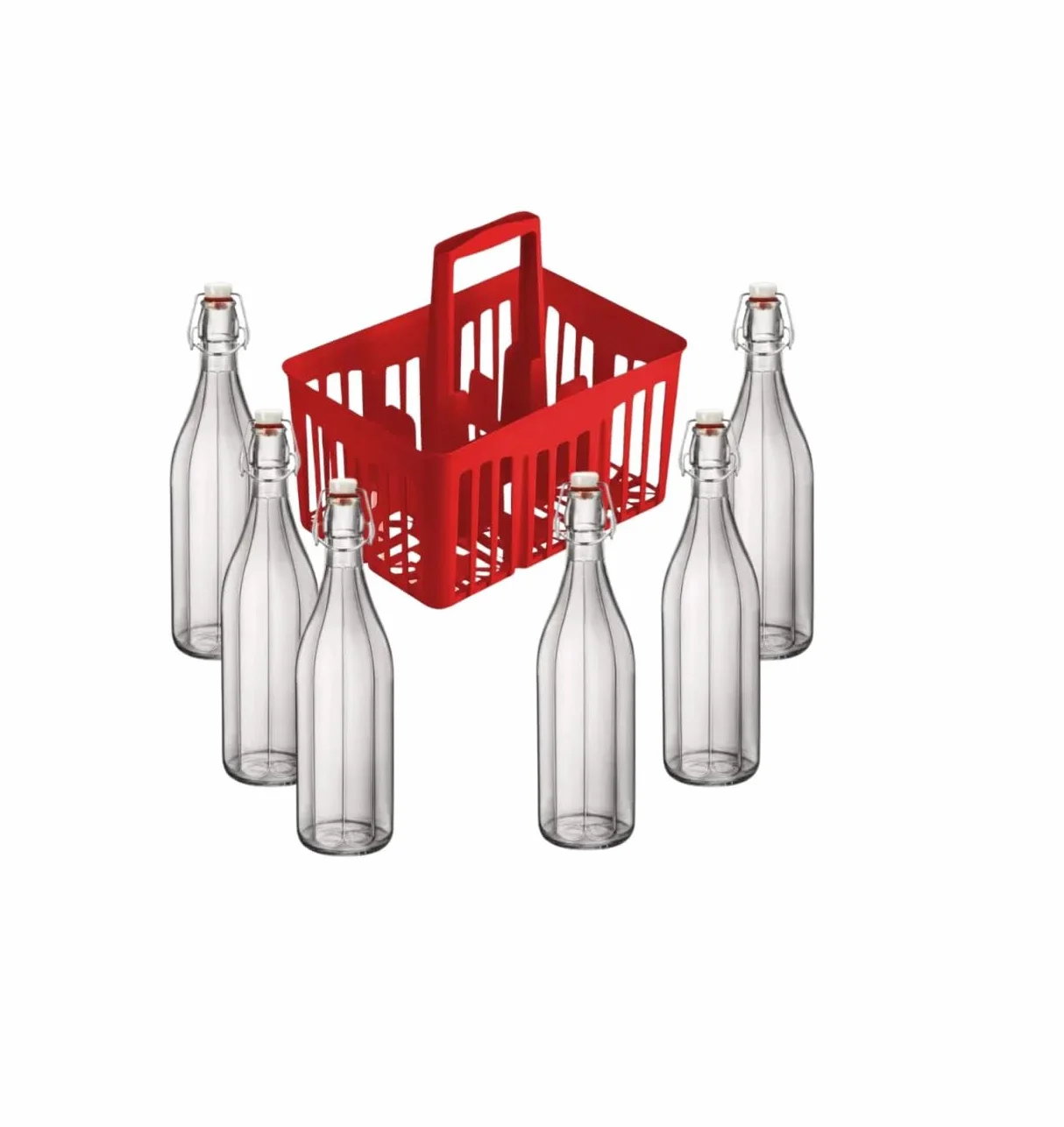 Portabottiglie cestello in plastica 6 posti con bottiglie in vetro 1 litro costolata tappo ermetico pressione