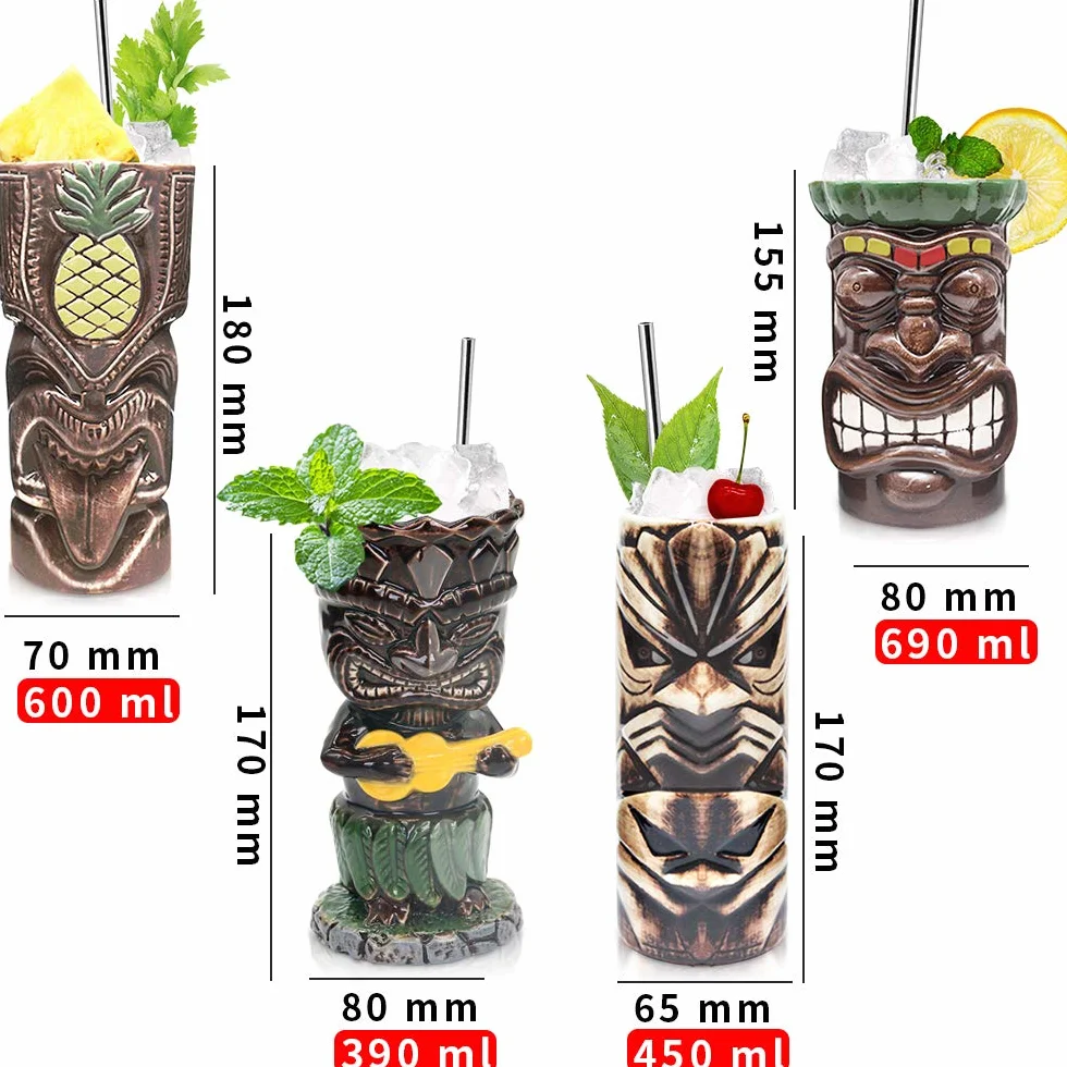 Tiki Bicchieri in Ceramica Set di 4 - Tazze Grandi Cocktail Hawaiian Luau Party Tiki Bar