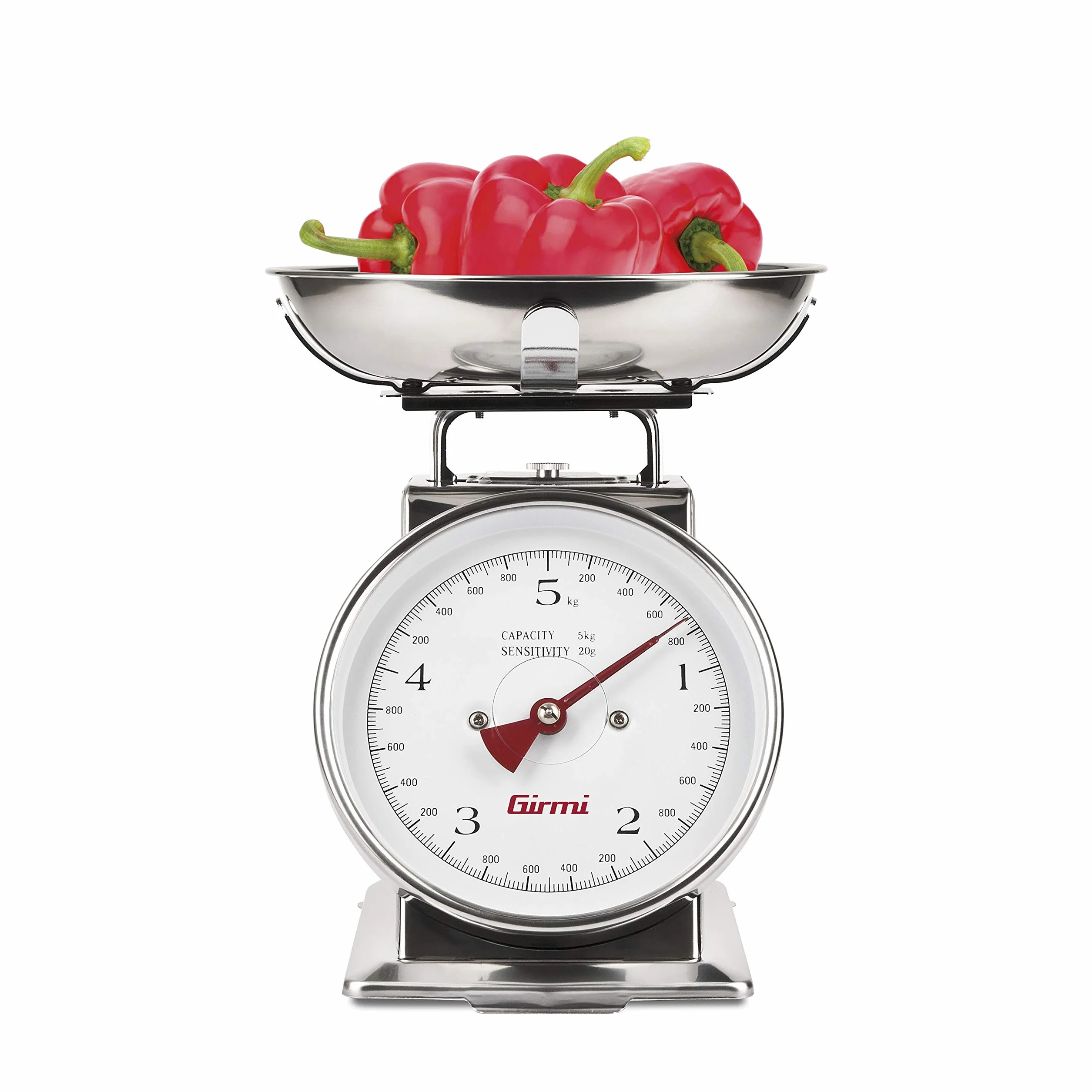 Girmi PS90 Bilancia Meccanica da Cucina, Ciotola 1 Lt, Corpo Inox, 20gr/5Kg, Funzione Tara