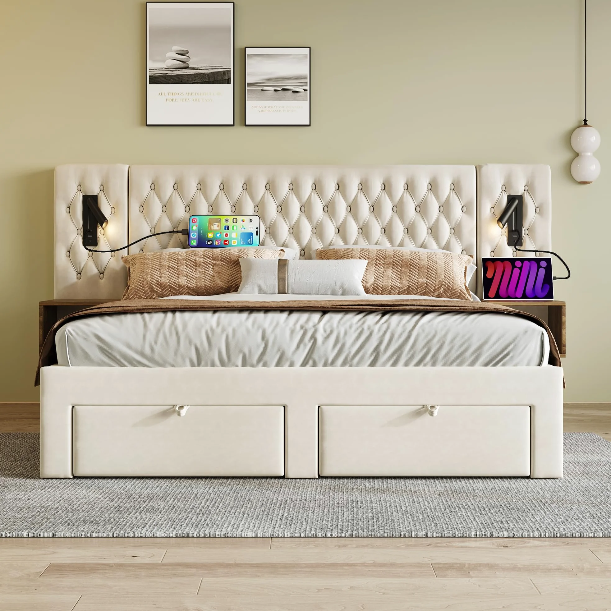 Idemon Set completo per camera da letto, letto matrimoniale, 160 x 200 cm, con 2 comodini e 4 cassetti, testiera con funzione di ricarica USB, 243 x 211 x 106 cm, velluto (senza materasso) (beige)