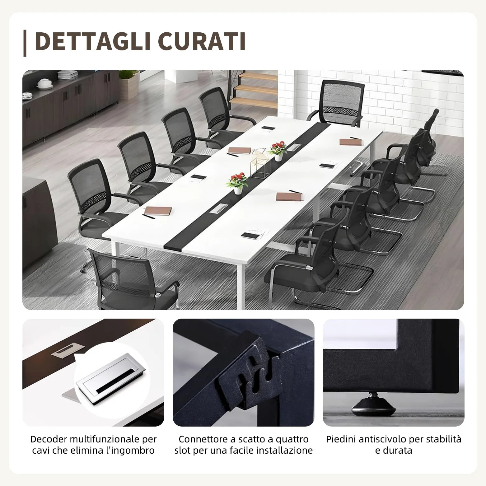 Tavolo Riunioni Ufficio Moderno, Tavolo da Conferenza Rettangolare con Canalina per Cavi e Struttura in Metallo Nero, Ideale per 8-12 Persone, Sala Conferenze e Seminari