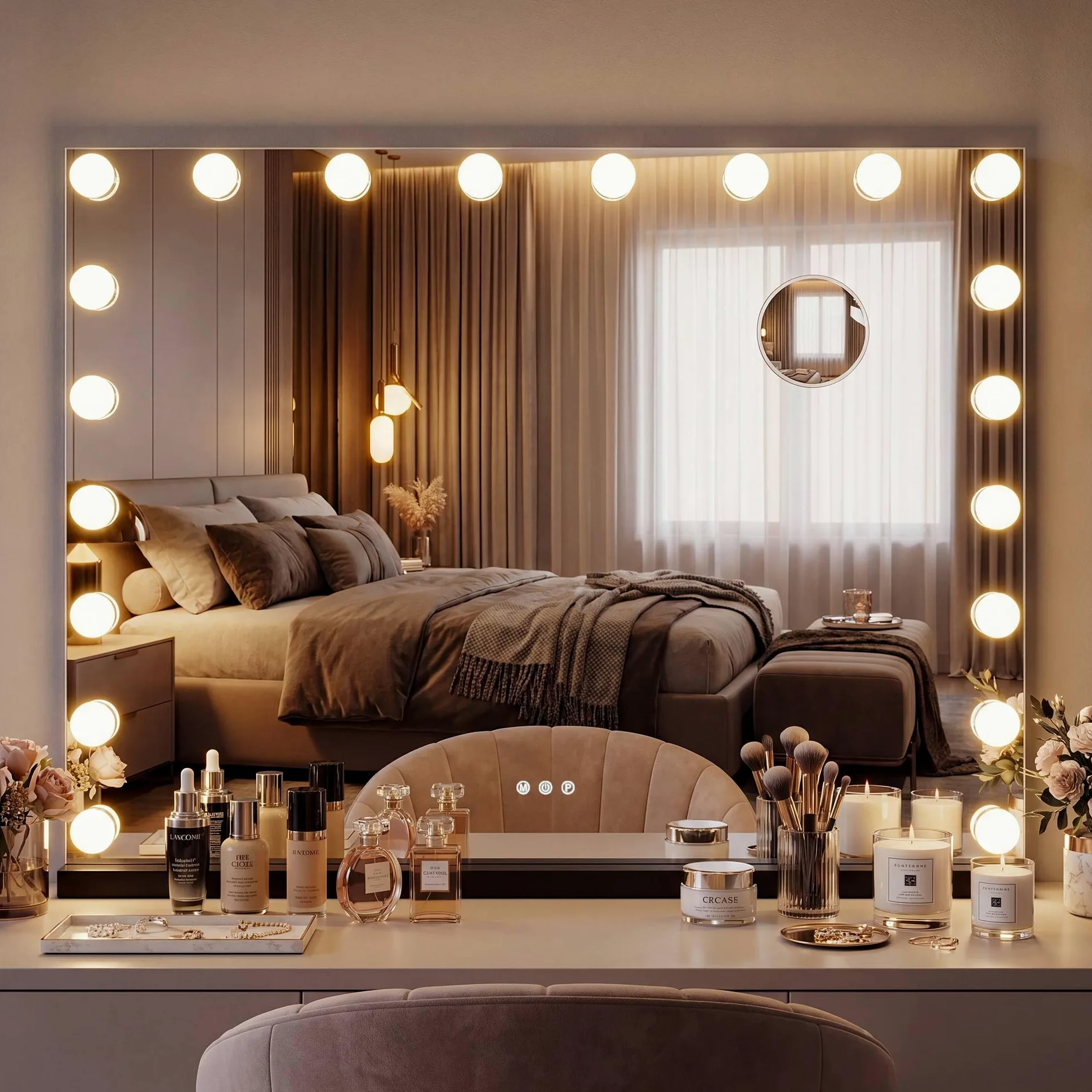 CLP Specchio Trucco Norlina 80x60 cm con Luci LED Dimmerabili, 3 Modalita di Illuminazione e USB. Specchio Hollywood da Parete o da Tavolo, Colore:nero
